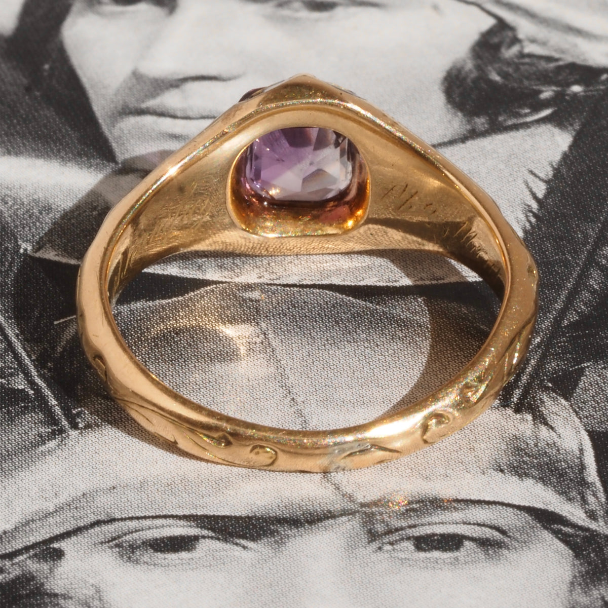 Antique c. 1844-45 Victorian English Amethyst and Black Enamel 14k Gold Ring