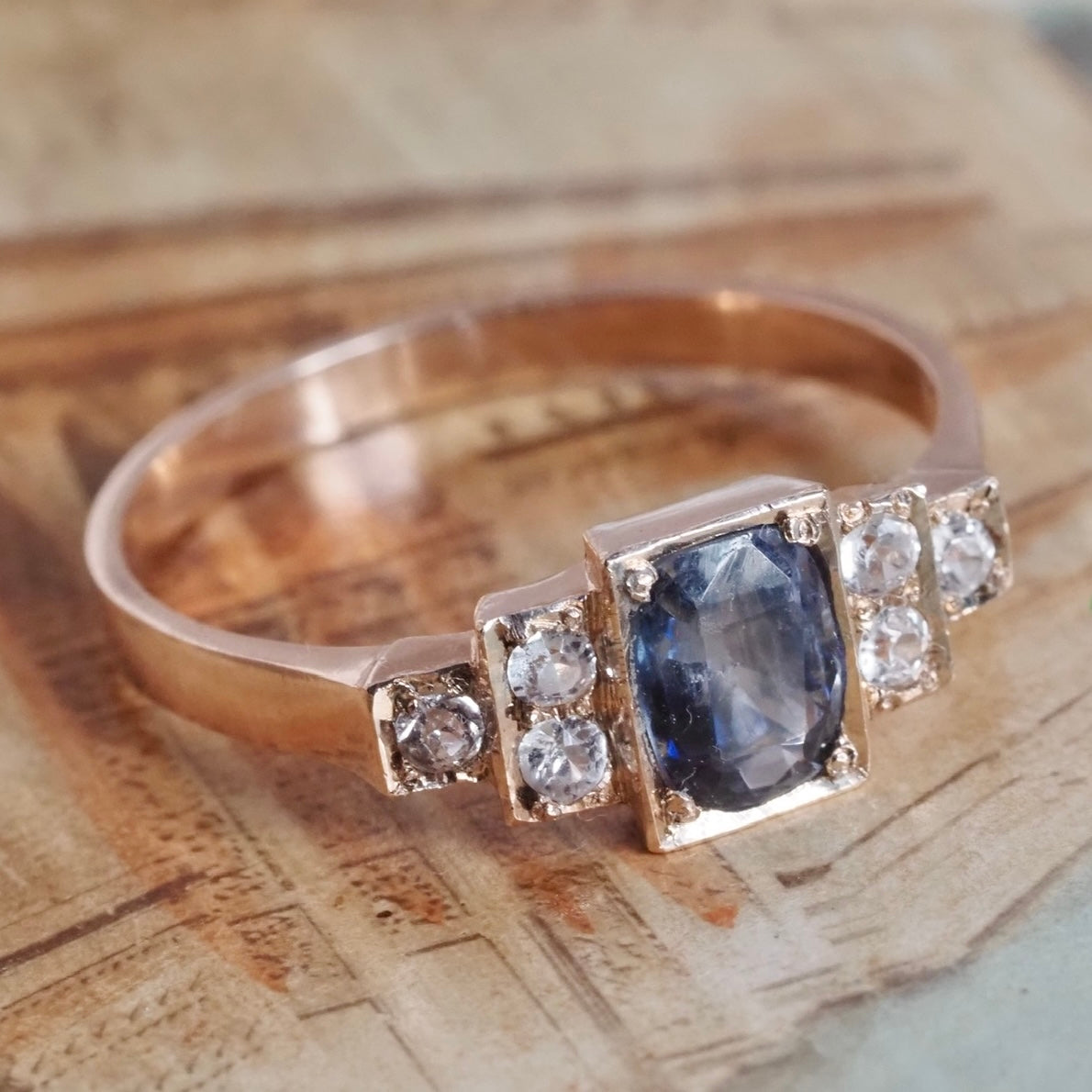 Late Deco Natural Sapphire and Spinel Step 9k Gold Ring