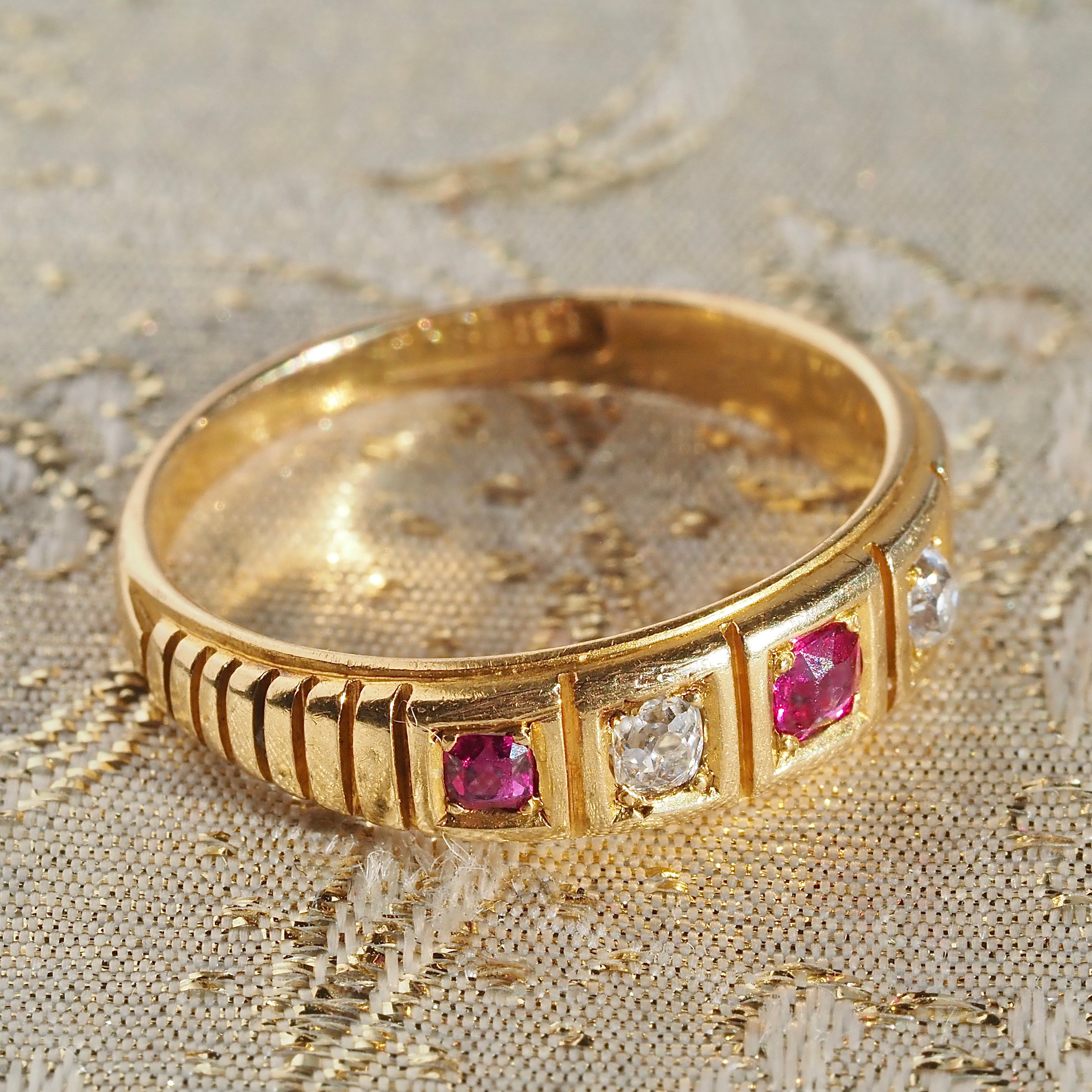 Antique Old Mine Cut Diamond and Ruby 18k Gold Five Stone Ring