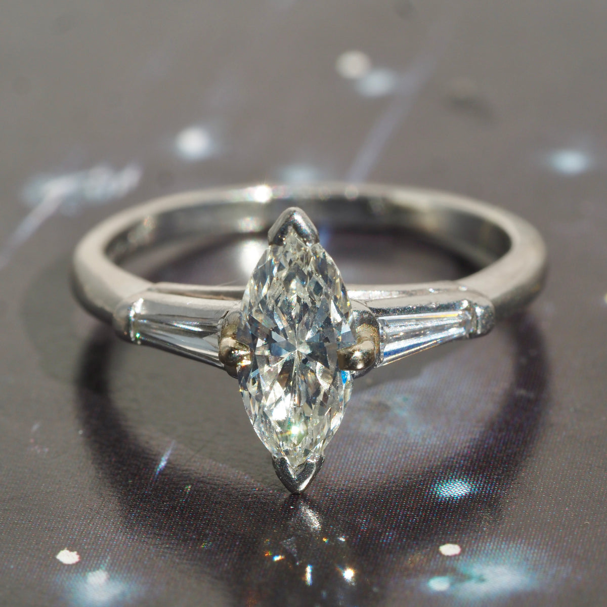 Vintage Marquise and Baguette Diamond Platinum Engagement Ring with 14k White Gold Wedding Band