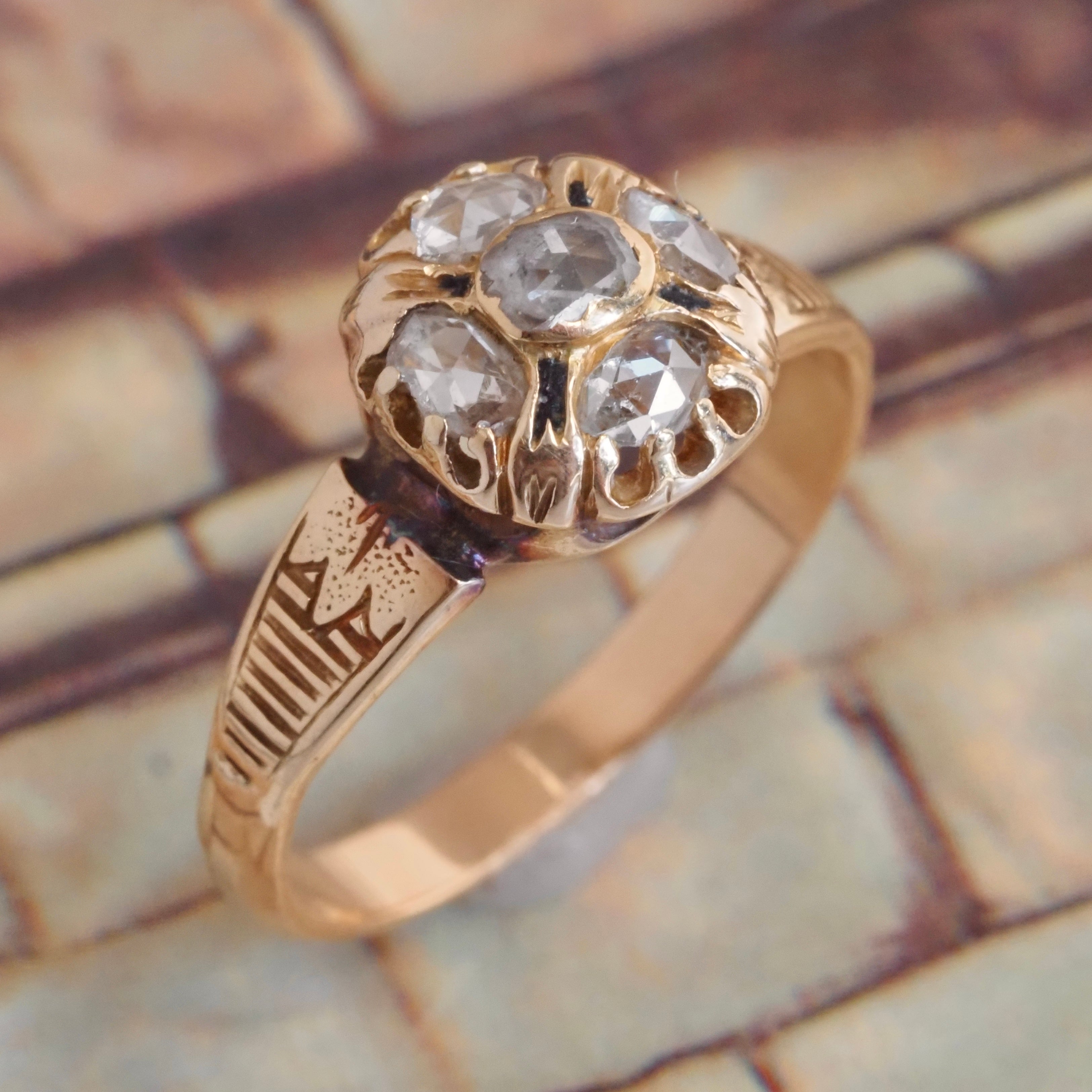 Antique Victorian Rose Cut Diamond Cluster 18k Gold Ring