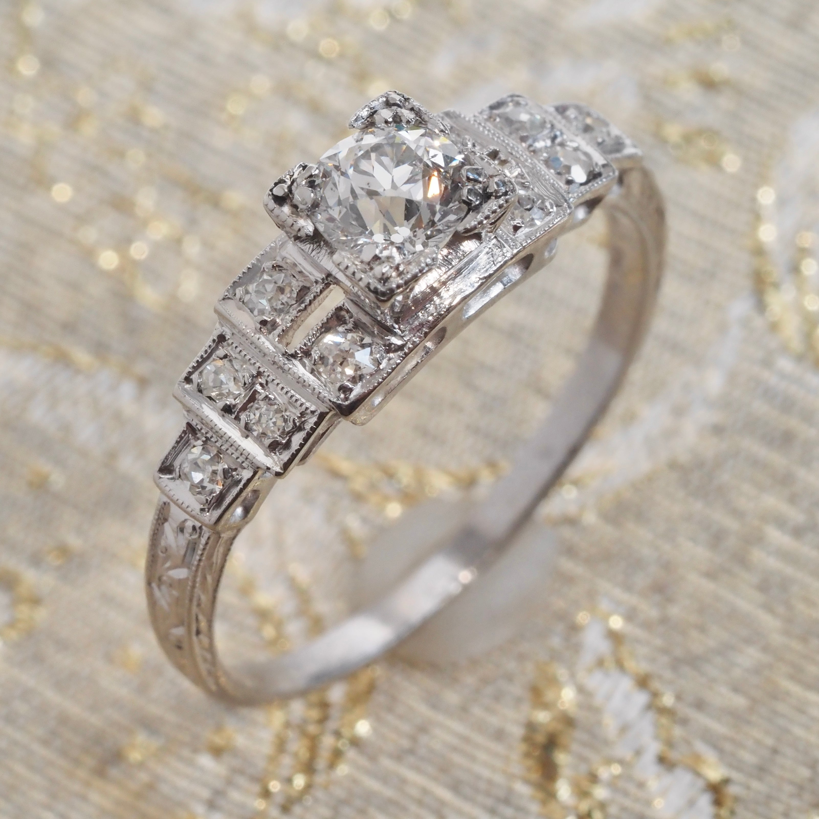 Art Deco Platinum Step Old European Cut Diamond Engagement Ring