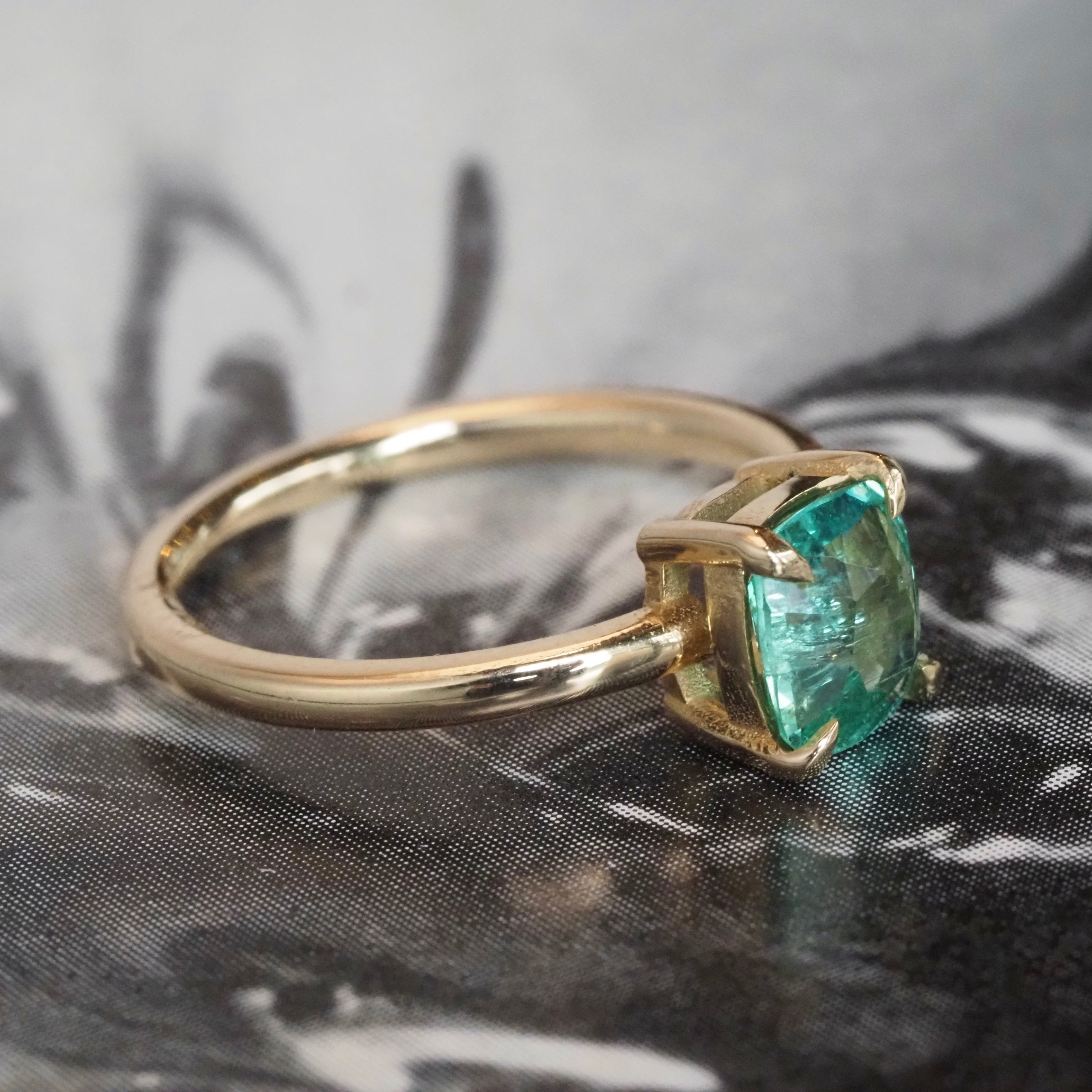 Minty Square Cushion Cut Emerald 14k Gold Solitaire Ring