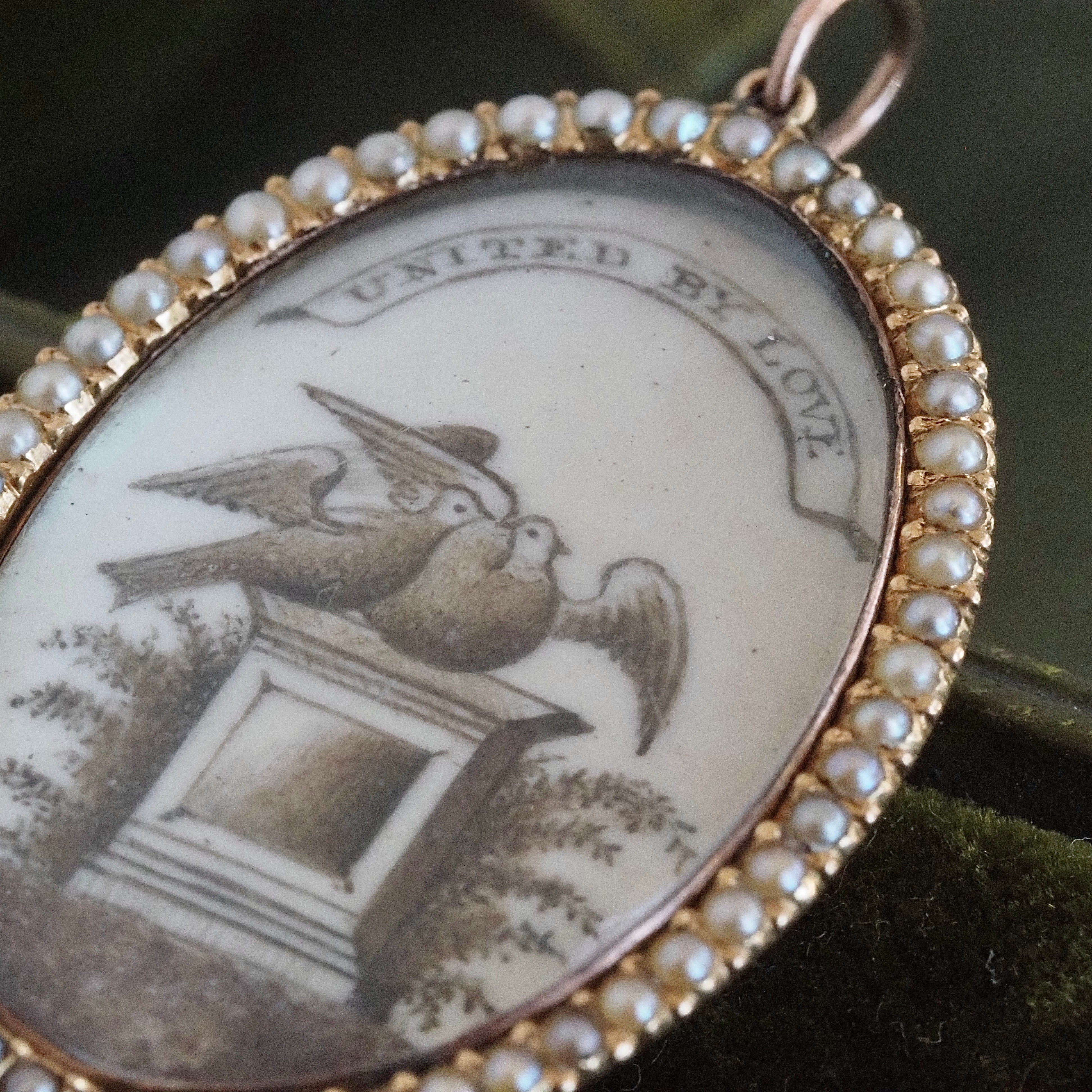 Antique Georgian/Early Victorian Doves "United by Love" Mourning Locket with Seed Pearls and 18k Gold