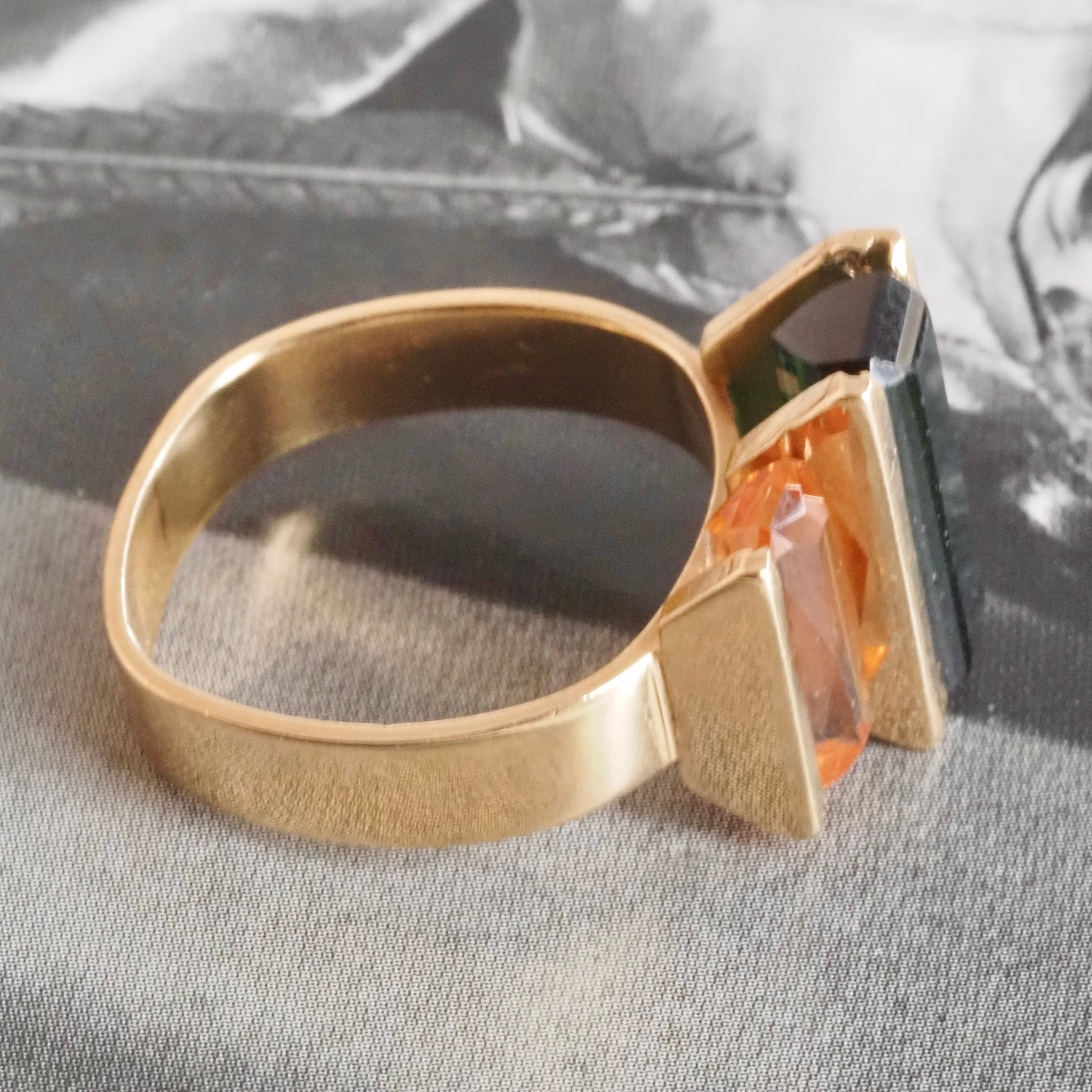 Modernist Tourmaline and Imperial Topaz 14k Gold Ring