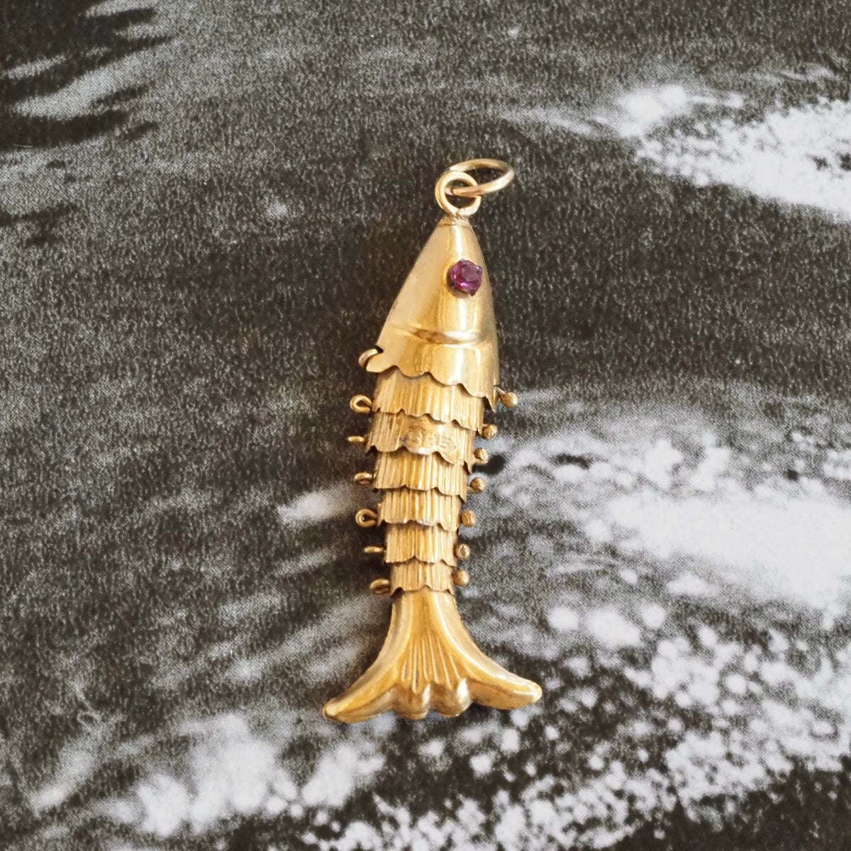 Vintage Articulated Fish 14k Gold with Ruby and Glass Eyes
