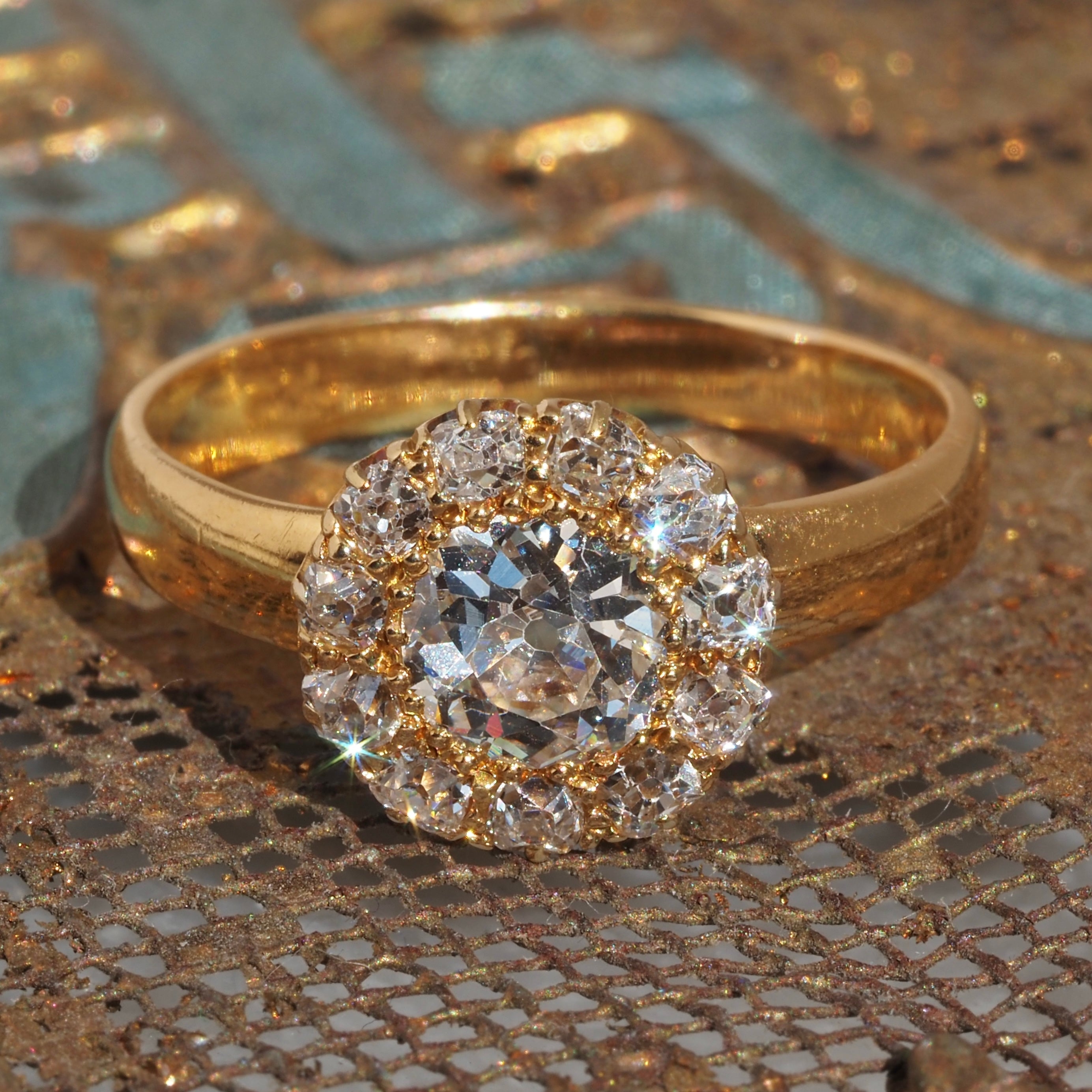 Antique Victorian Old Mine Cut Diamond Cluster 18k and 22k Gold Engagement Ring