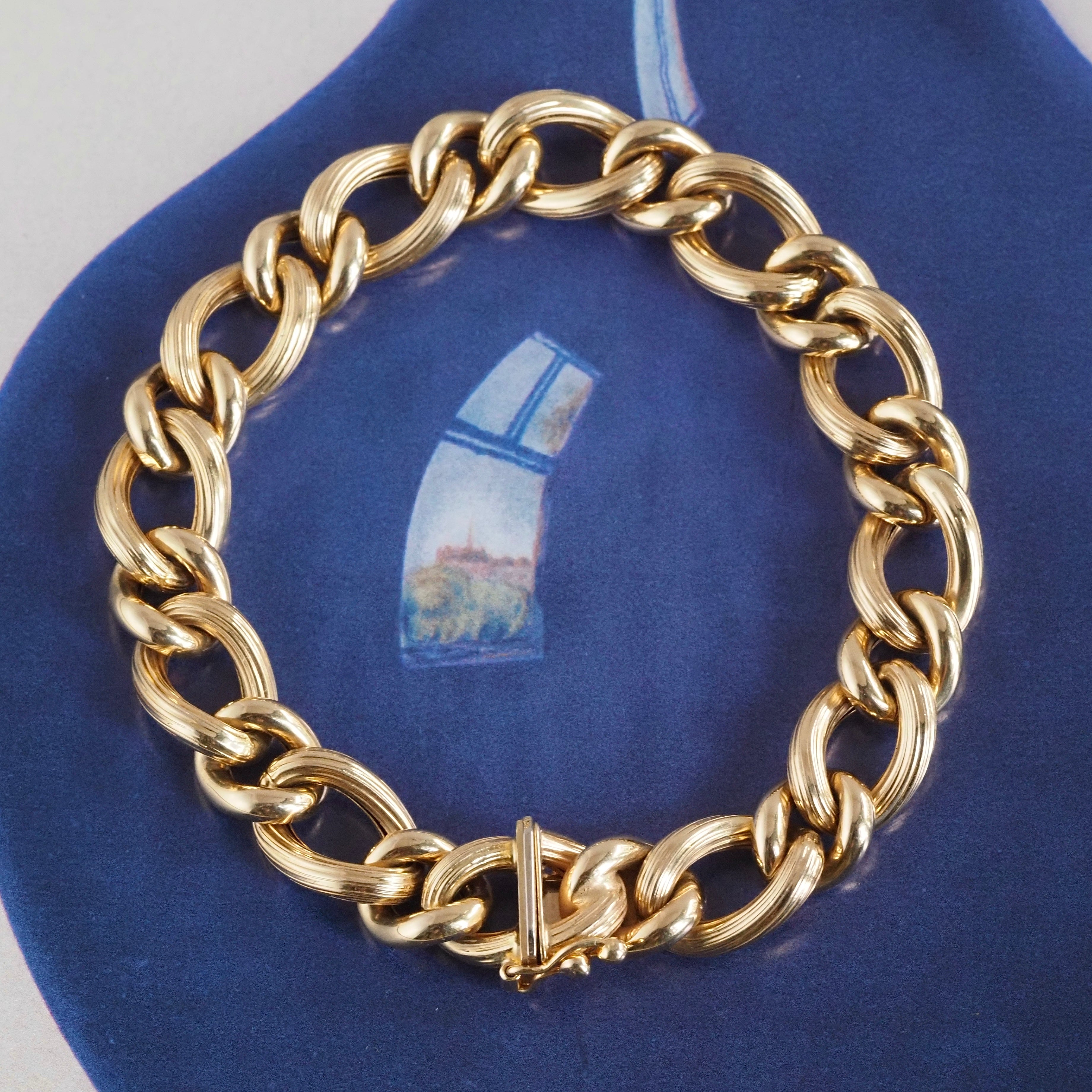 Vintage Italian Alternating Curb Chain Link 14k Gold Bracelet