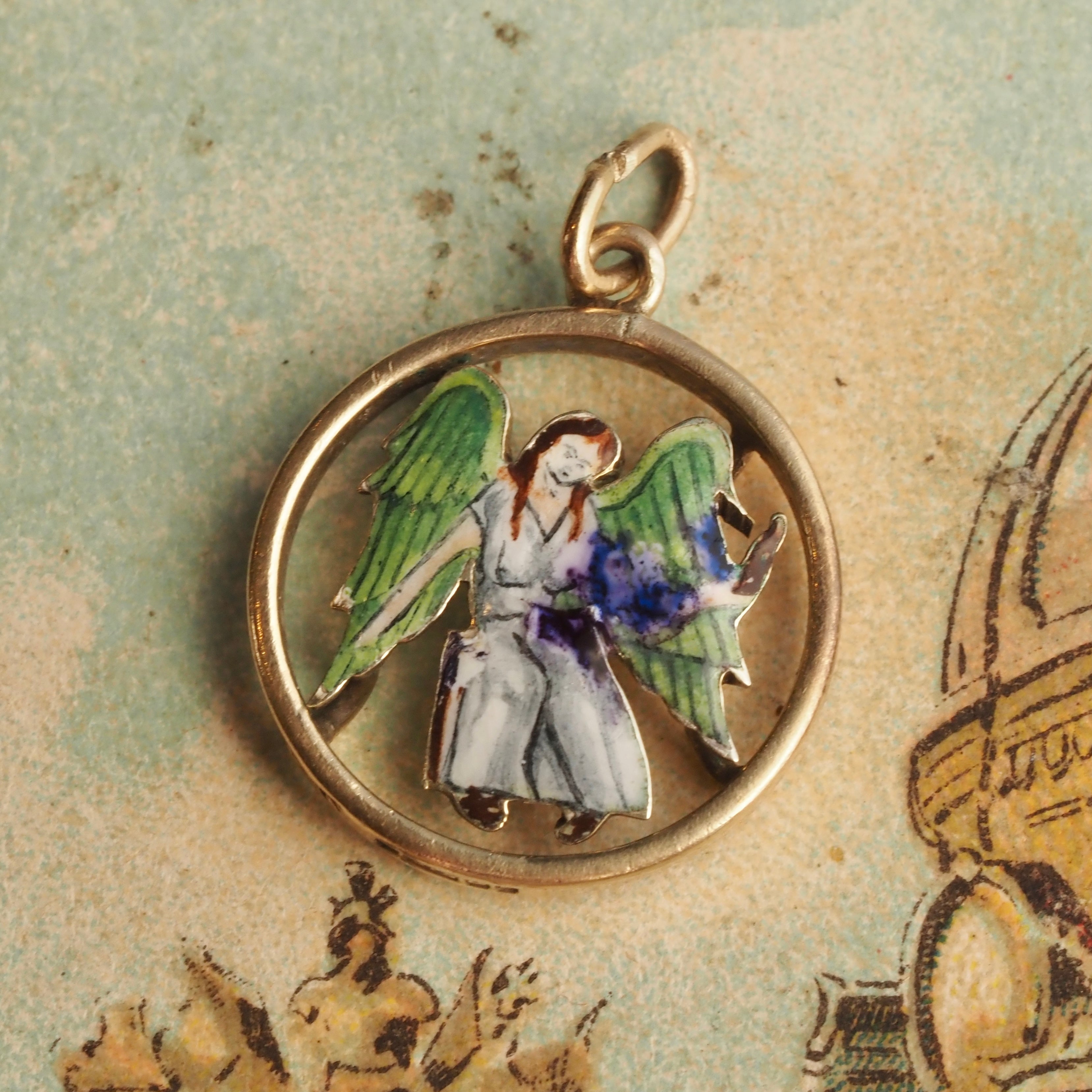 Vintage English Enamel Angel 9k Gold Charm