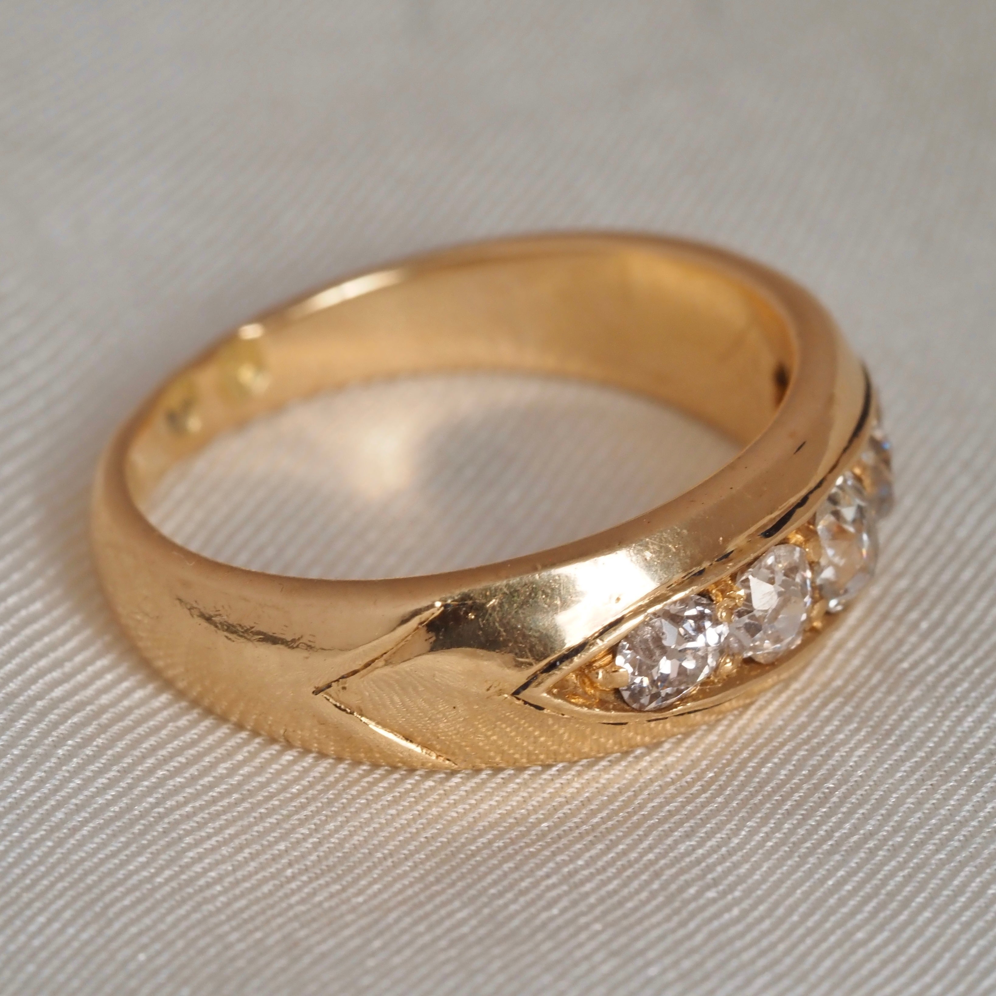 Midcentury c. 1951 English 18k Gold Old Mine Cut Diamond Five Stone Boat Engagement Ring