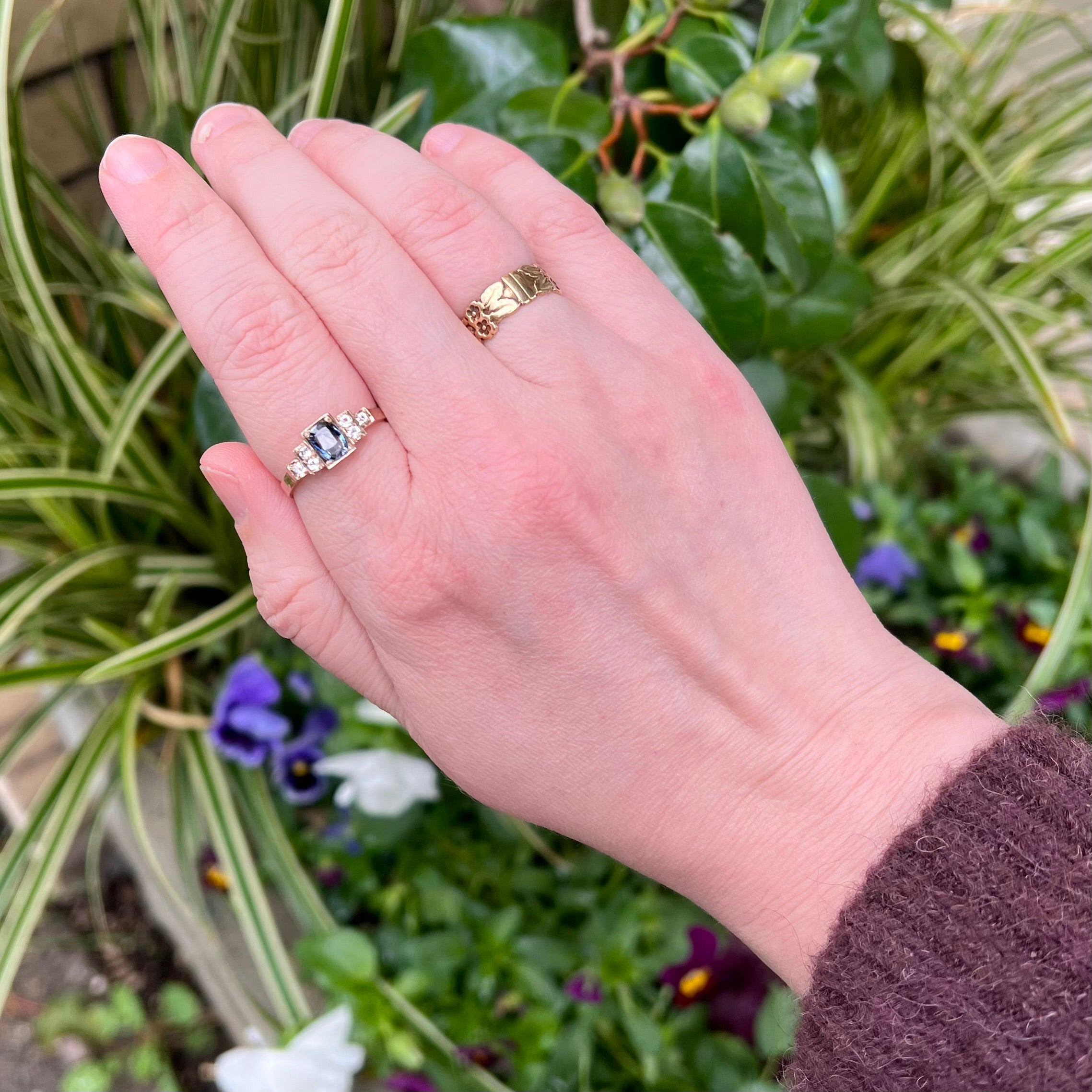 Late Deco Natural Sapphire and Spinel Step 9k Gold Ring