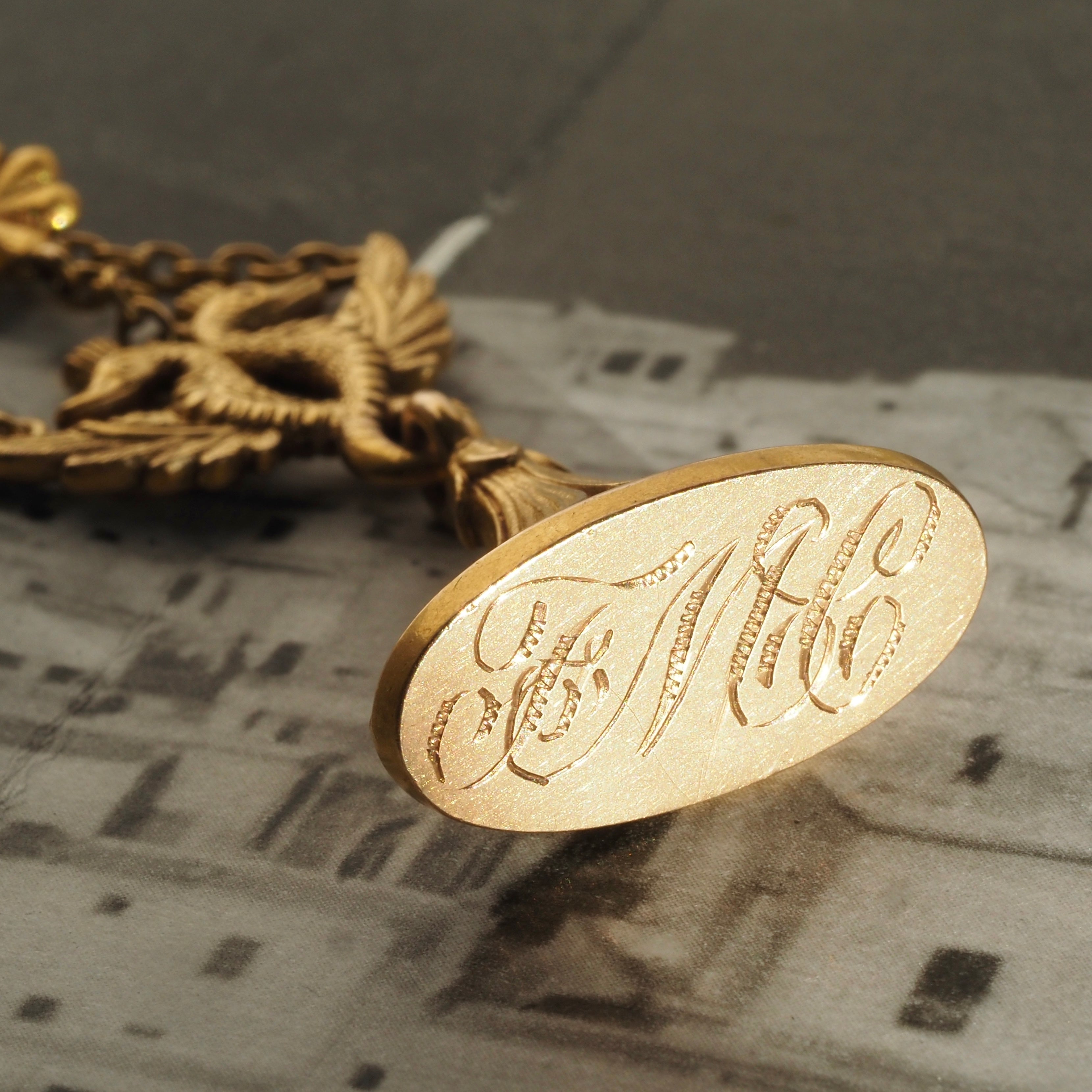 Antique Victorian Egyptian Revival Bloomed 14k Gold Floral Figurative Fob with Dog Clip