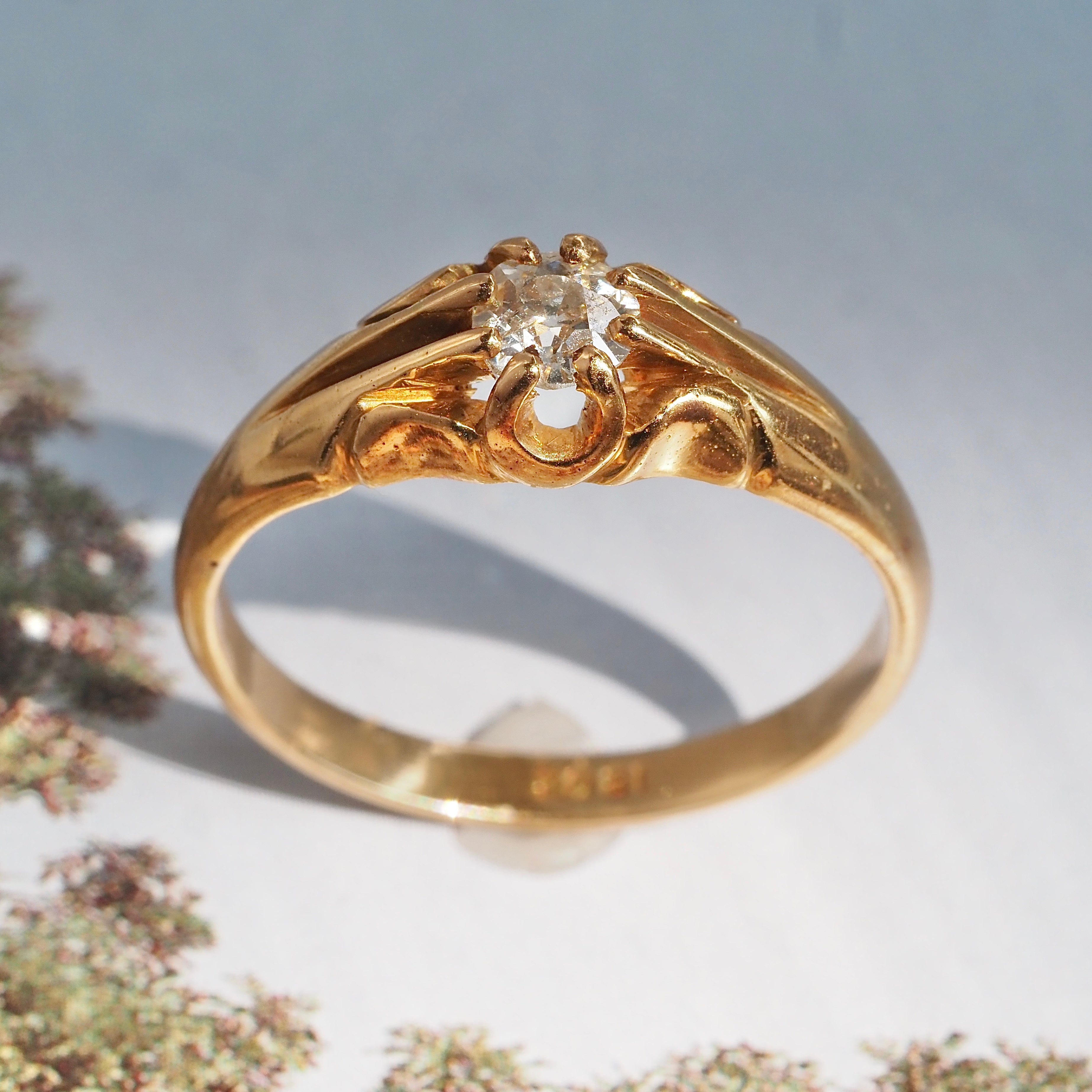 Antique Victorian English 18k Gold Old Mine Cut Diamond Belcher Engagement Ring