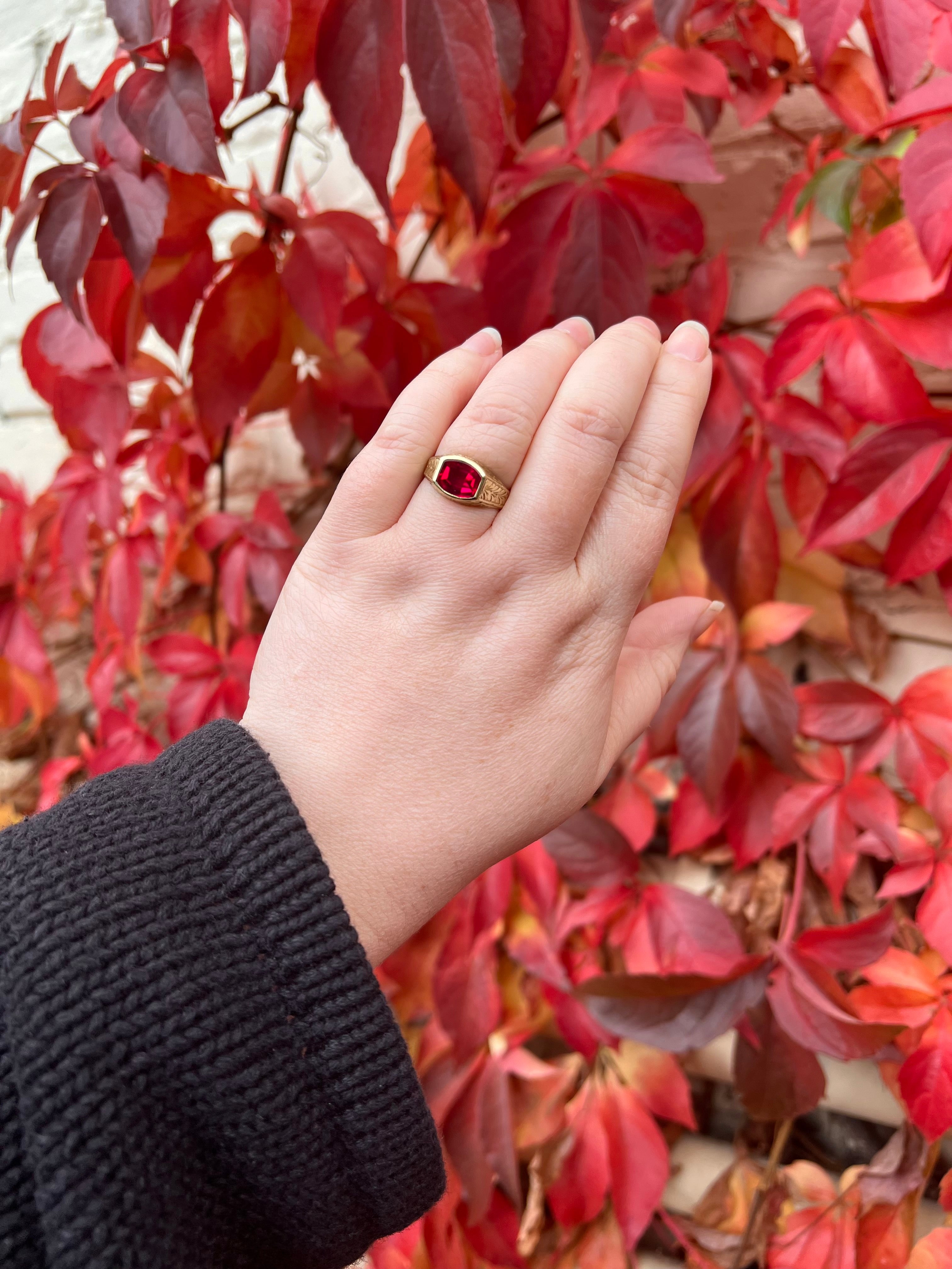 Art Deco 14k Gold Buff Cut Ruby Signet Ring