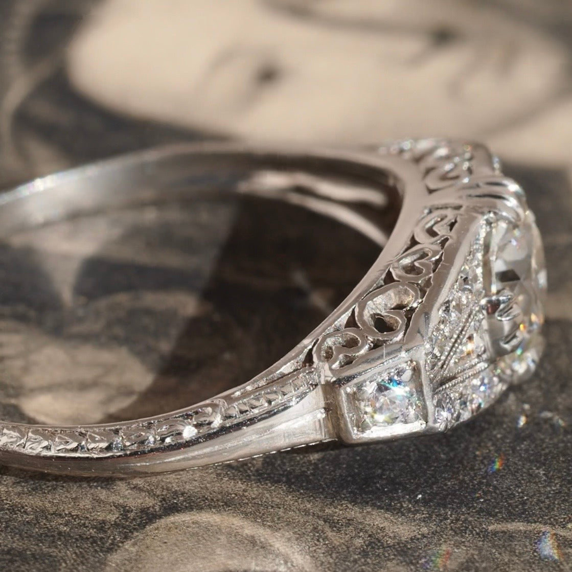 Antique Art Deco c. 1920s Platinum Old European Cut Diamond Engagement Ring