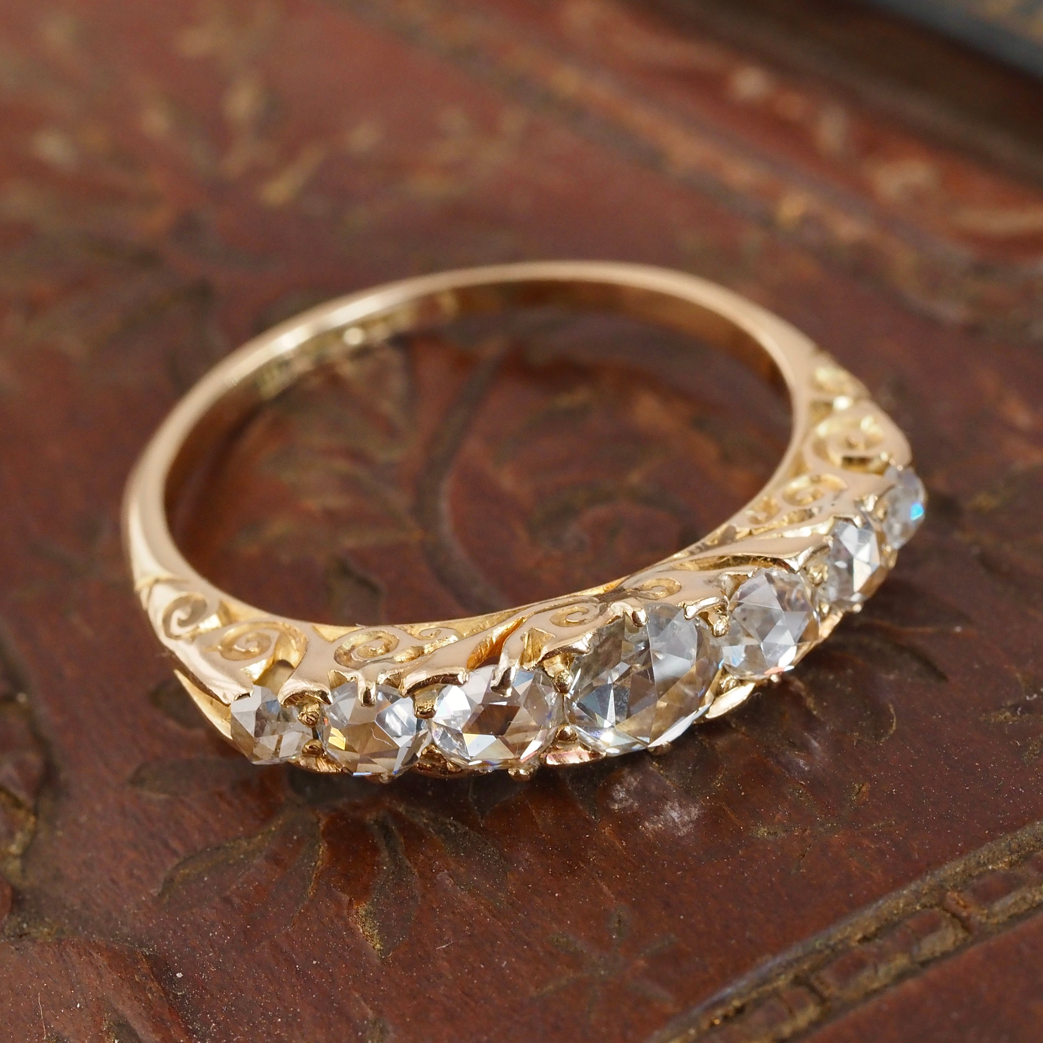 Antique Early 20th Century English Rose Cut Diamond Half Hoop 18k Gold Ring