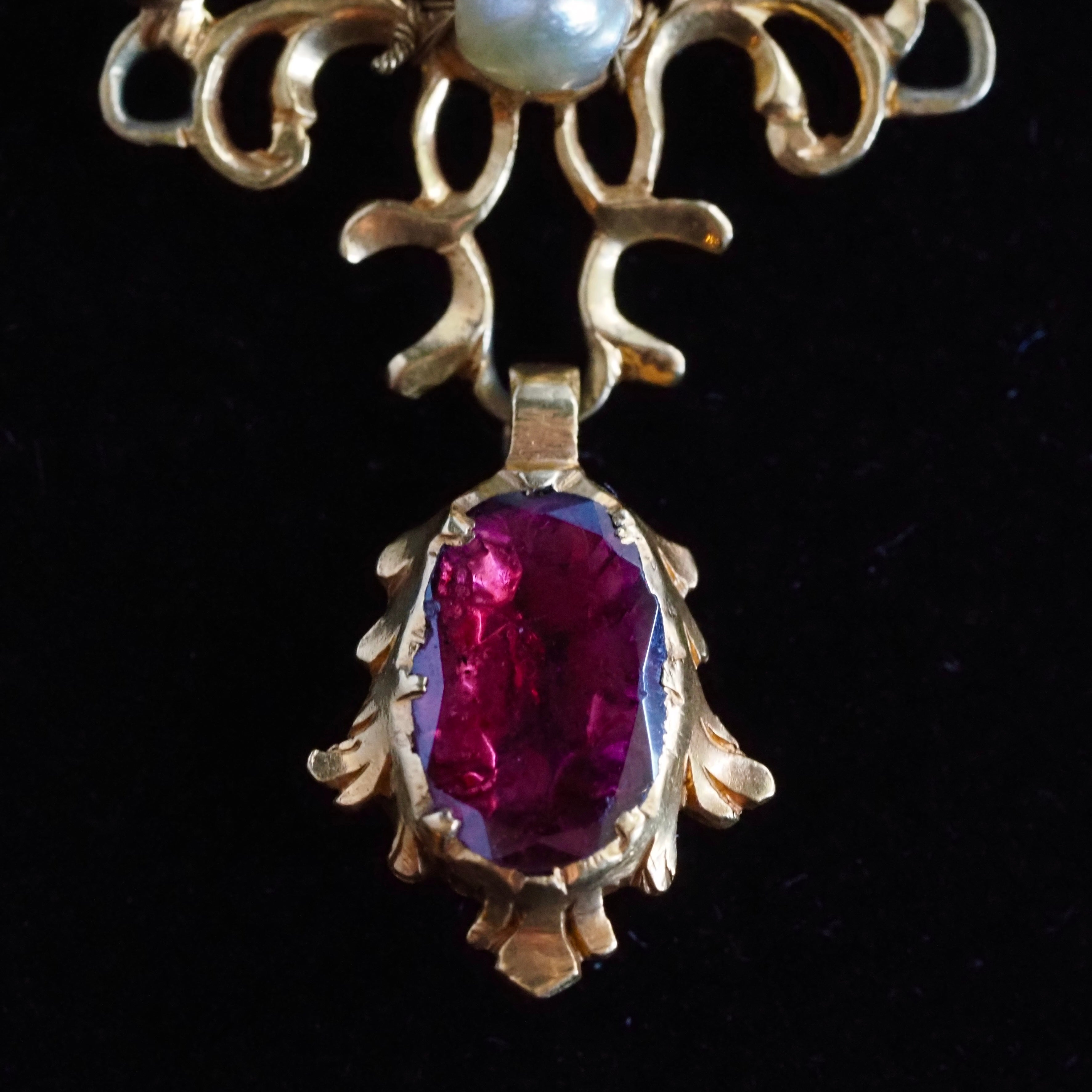 Antique Georgian Foiled Garnet Pendant on Vintage 9k Gold Rolo Chain