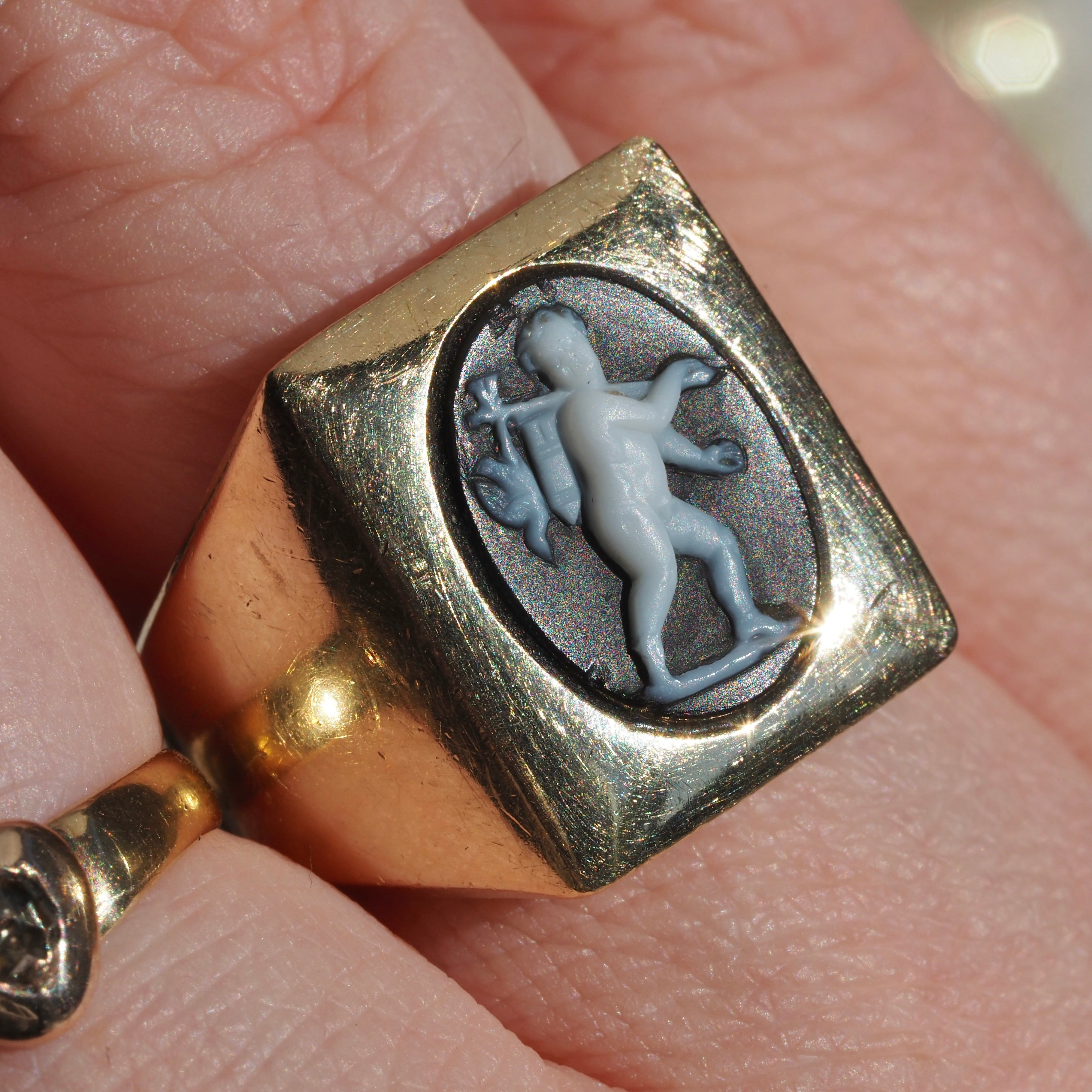 Antique Banded Agate Cherub Cameo Mounted in a Vintage 14k Gold Signet Ring