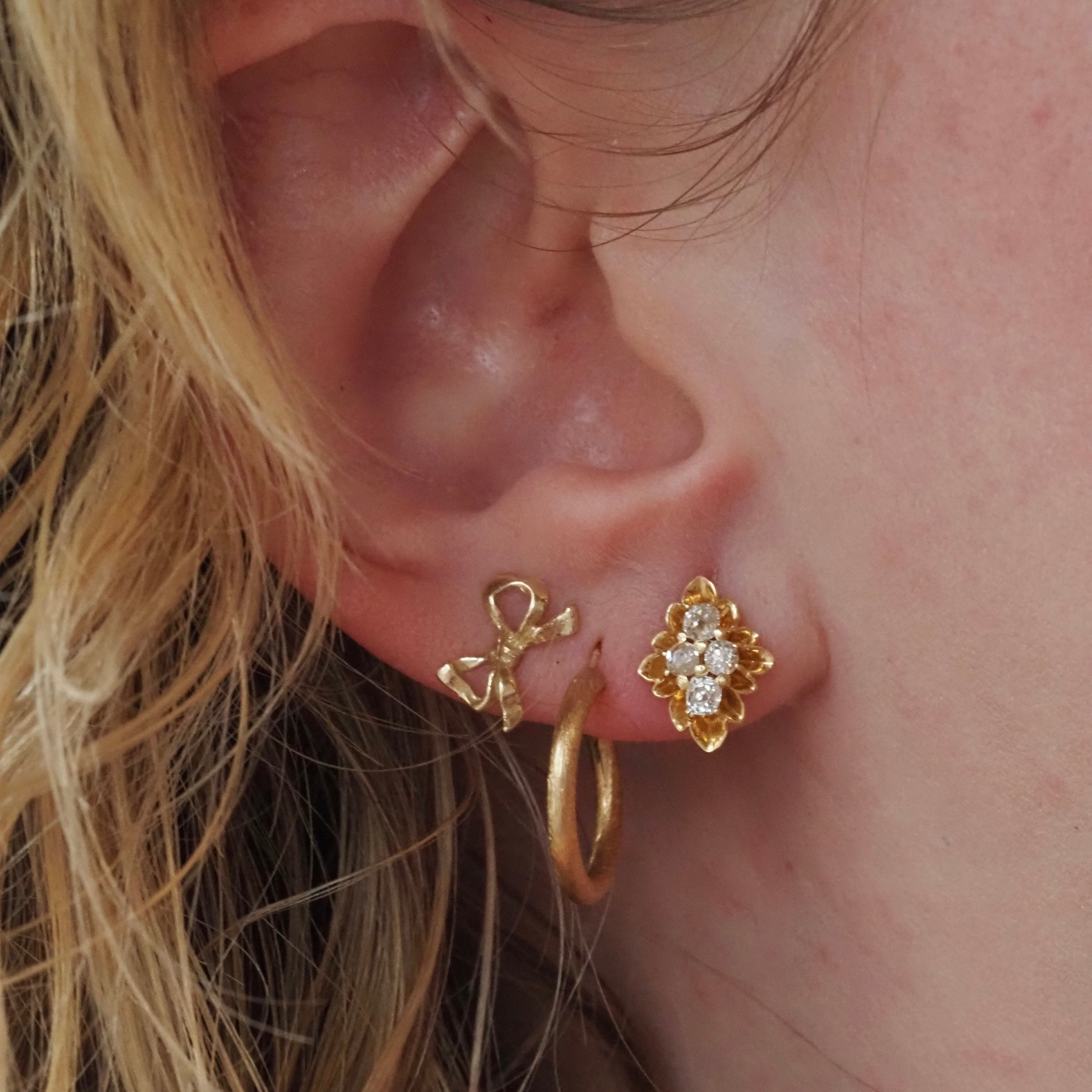 Old Mine Cut Diamond Cluster 14k Gold Stud Earrings