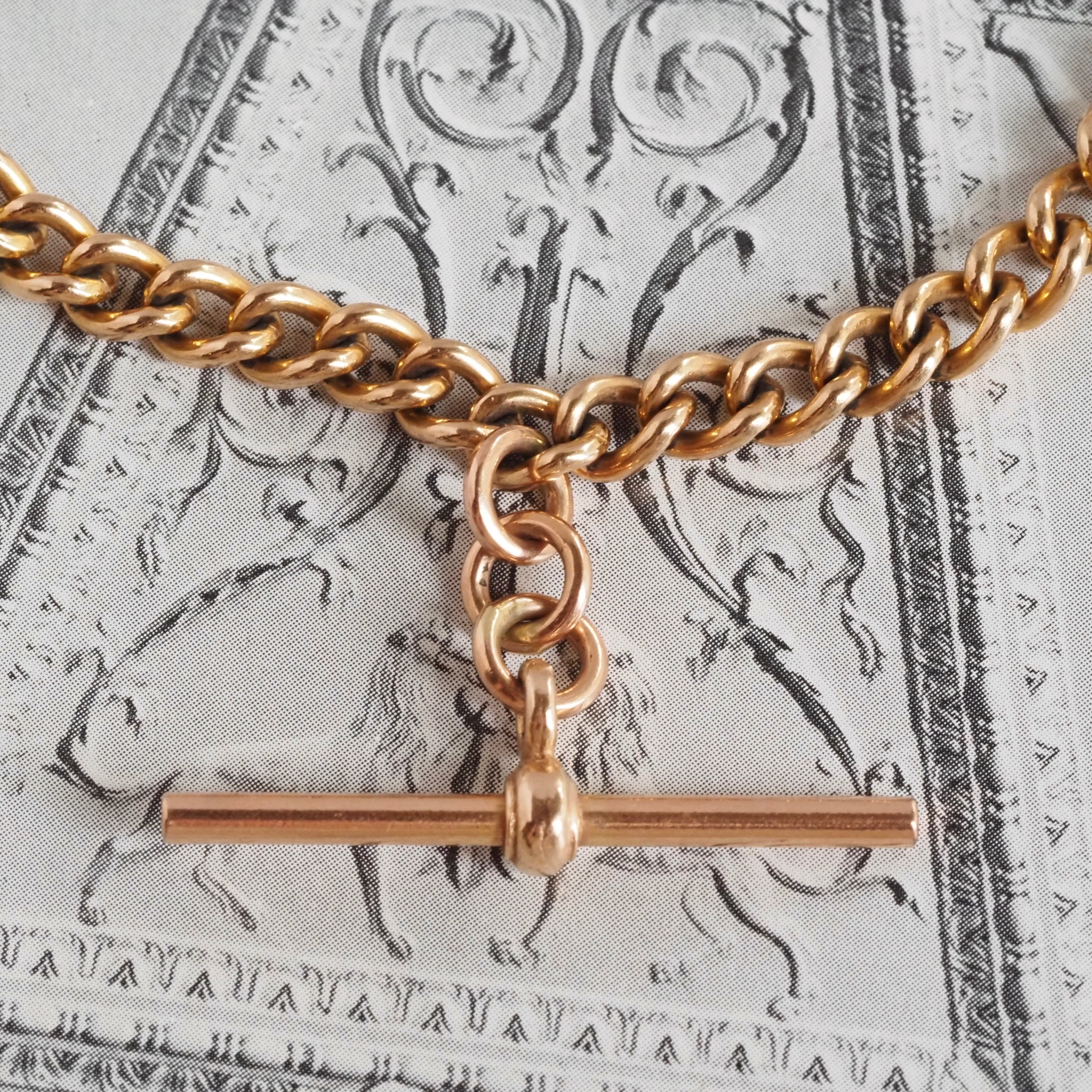 Vintage English 9k Gold Albert Chain Necklace with T Bar and Dog Clip