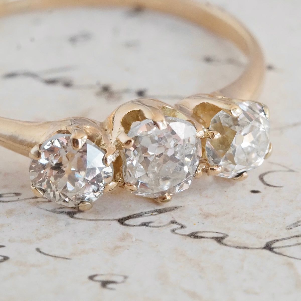 Antique Trilogy Old Mine Cut Diamond 14k Gold Engagement Ring