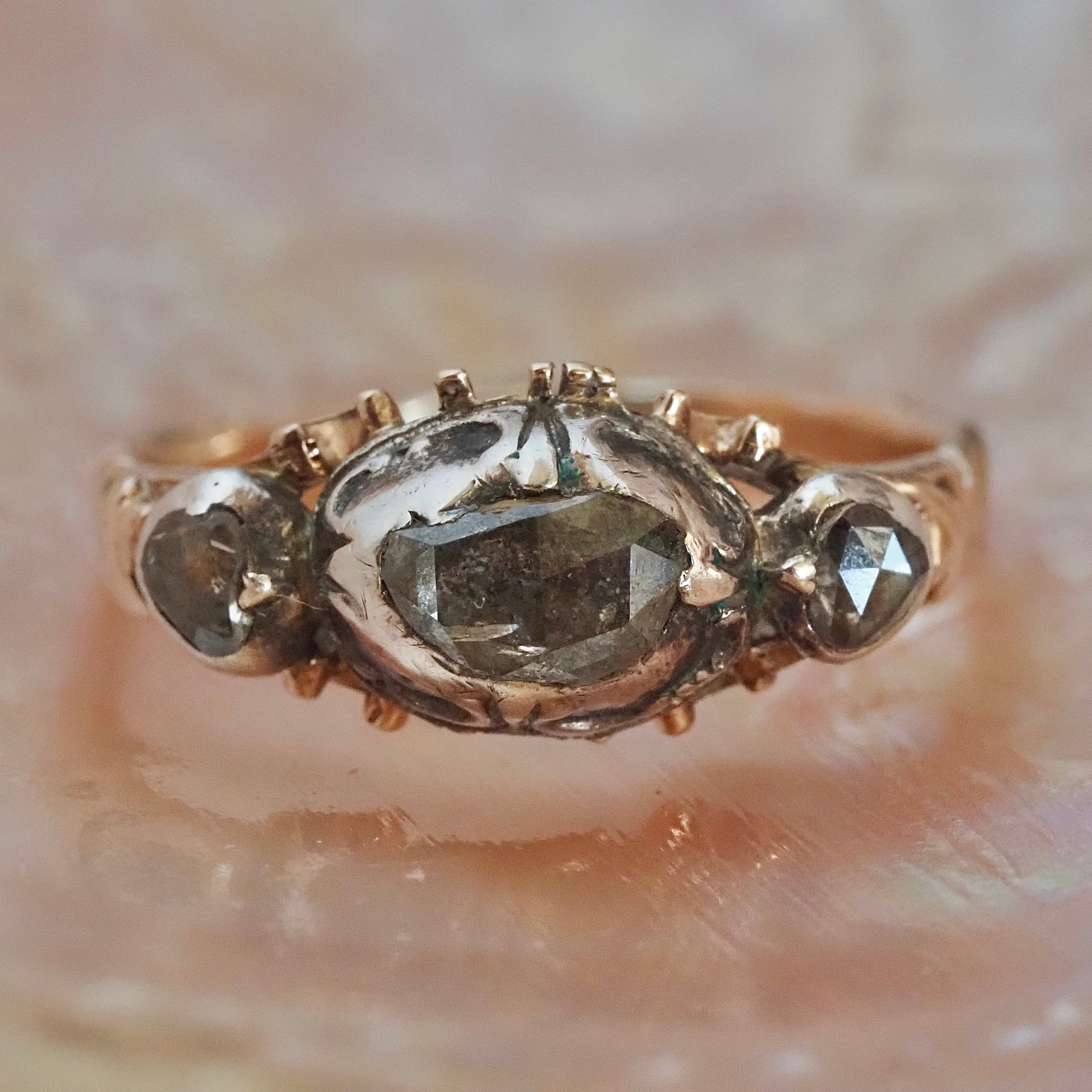 Antique Mid 18th Century Georgian Foil Back Rose Cut Diamond 14k Gold and Sterling Silver Trilogy Ring