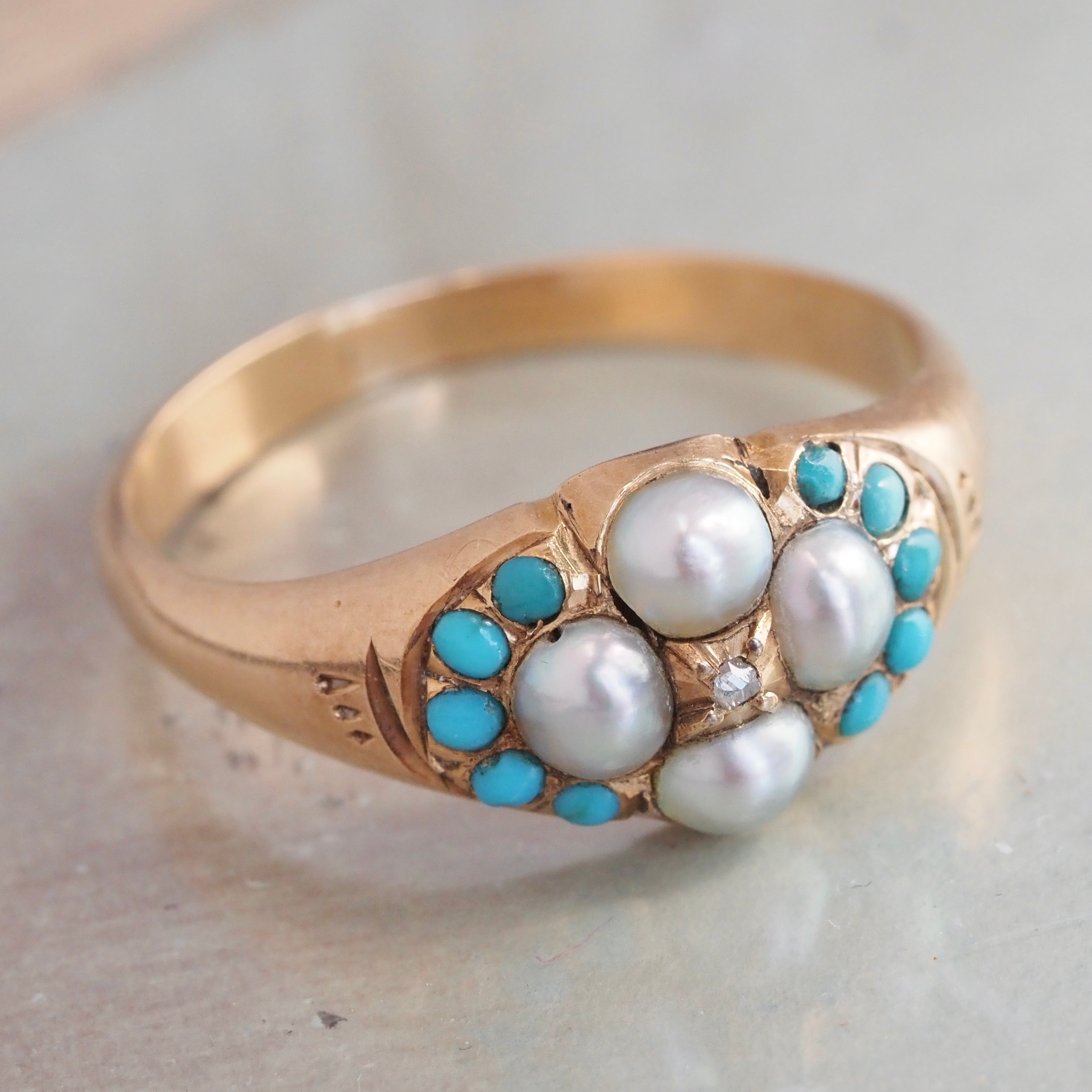 Antique Victorian English 18k Gold Rose Cut Diamond, Natural Pearls and Turquoise Ring