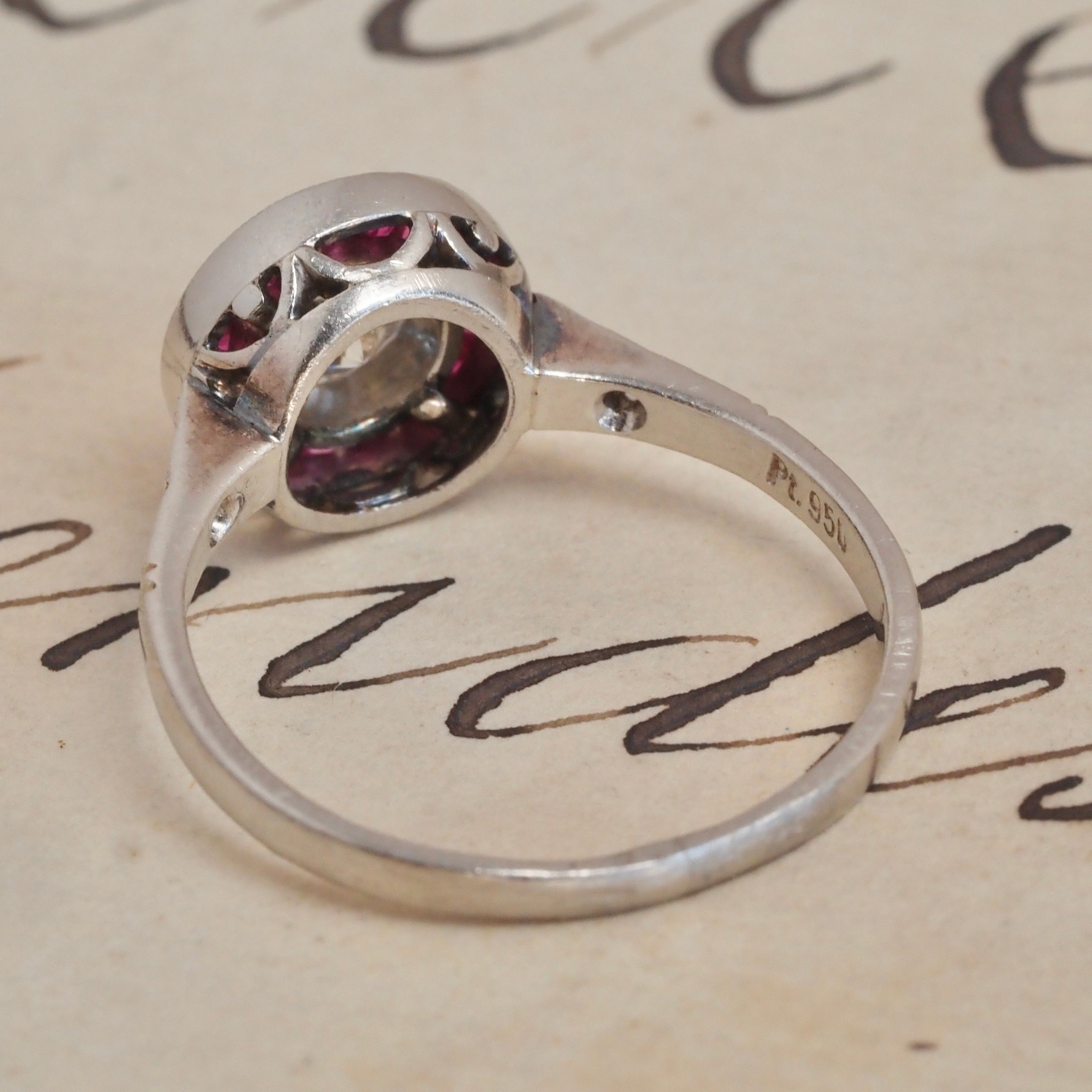 Vintage Art Deco Style French Cut Natural Ruby Diamond Platinum Target Ring