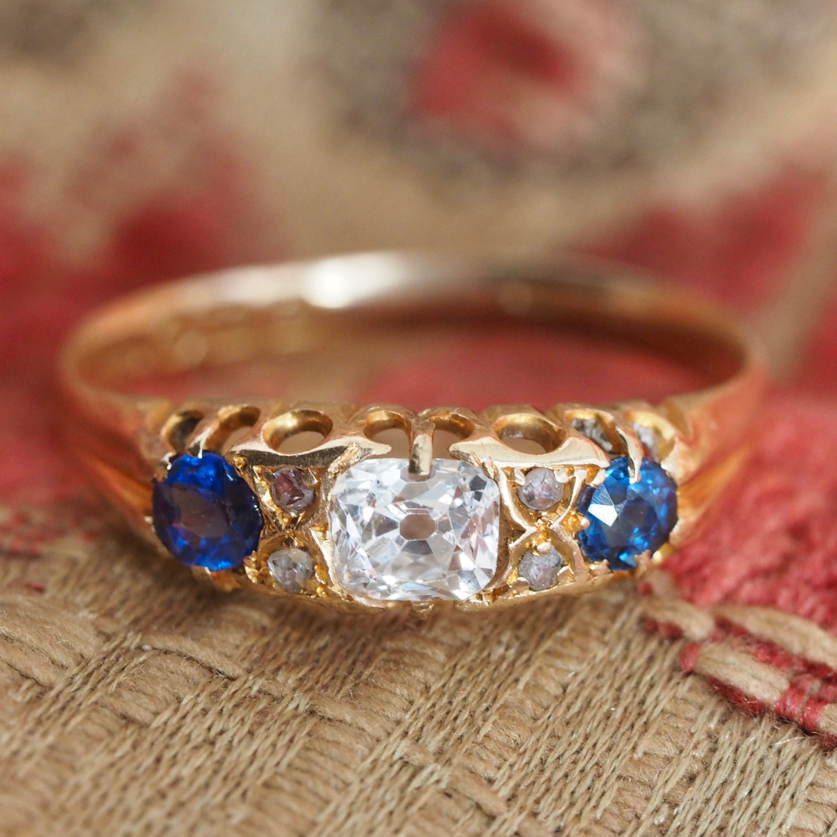 Antique English 18k Gold Old Mine Cut Diamond and Natural Sapphire Rin