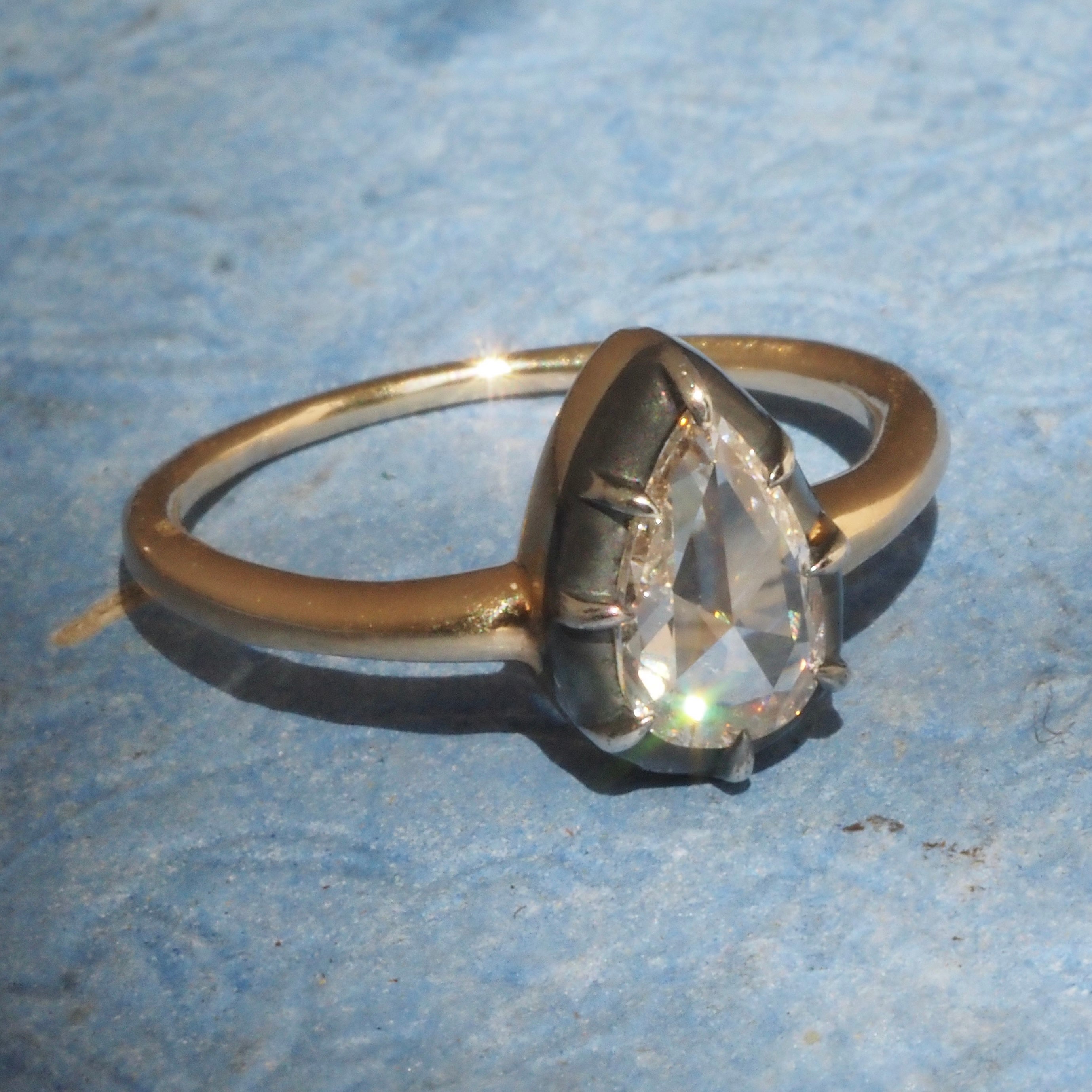Georgian Style Pear Rose Cut Diamond 14k Gold and Sterling Silver Solitaire Engagement Ring