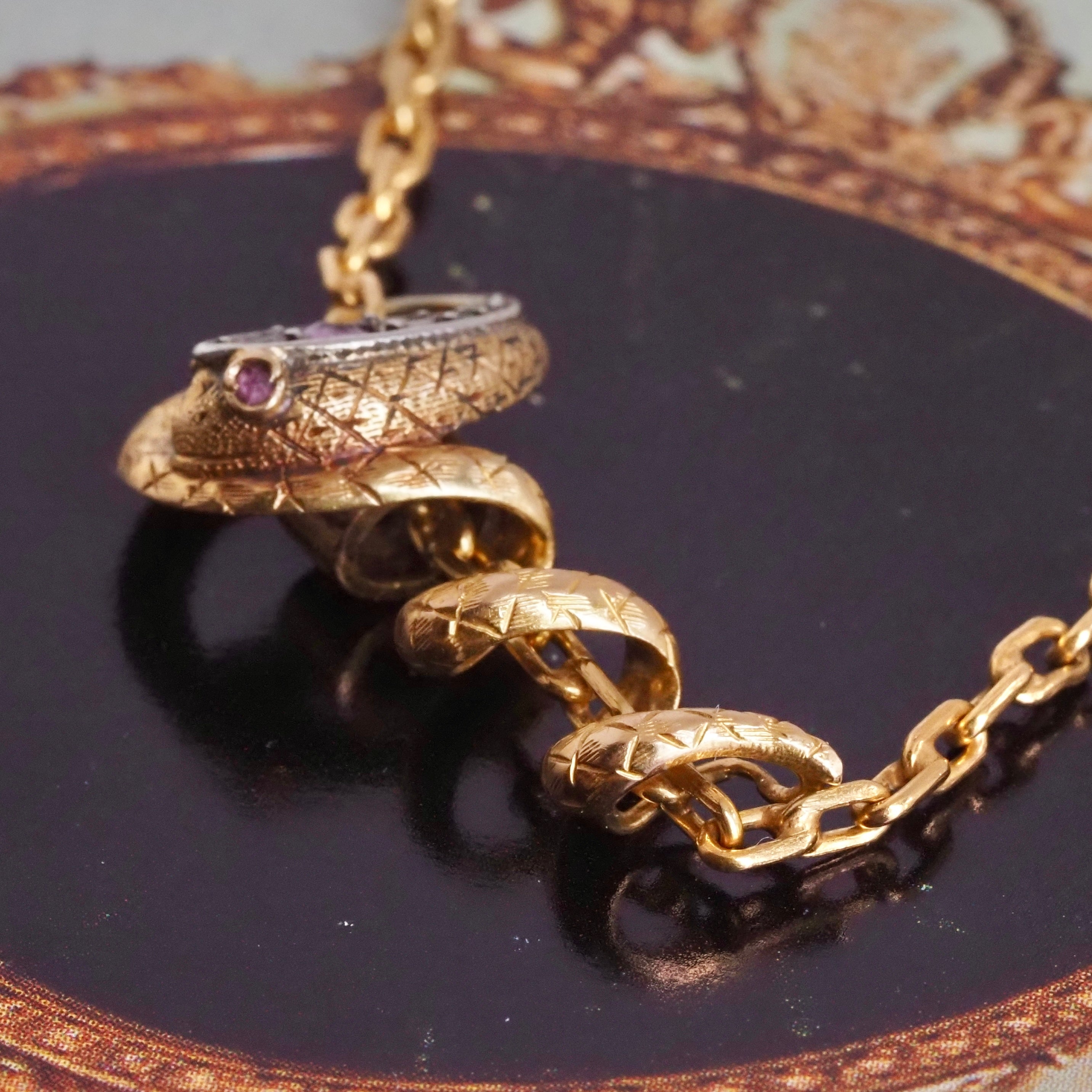 Antique Victorian Snake Natural Ruby Diamond 18k Gold Necklace