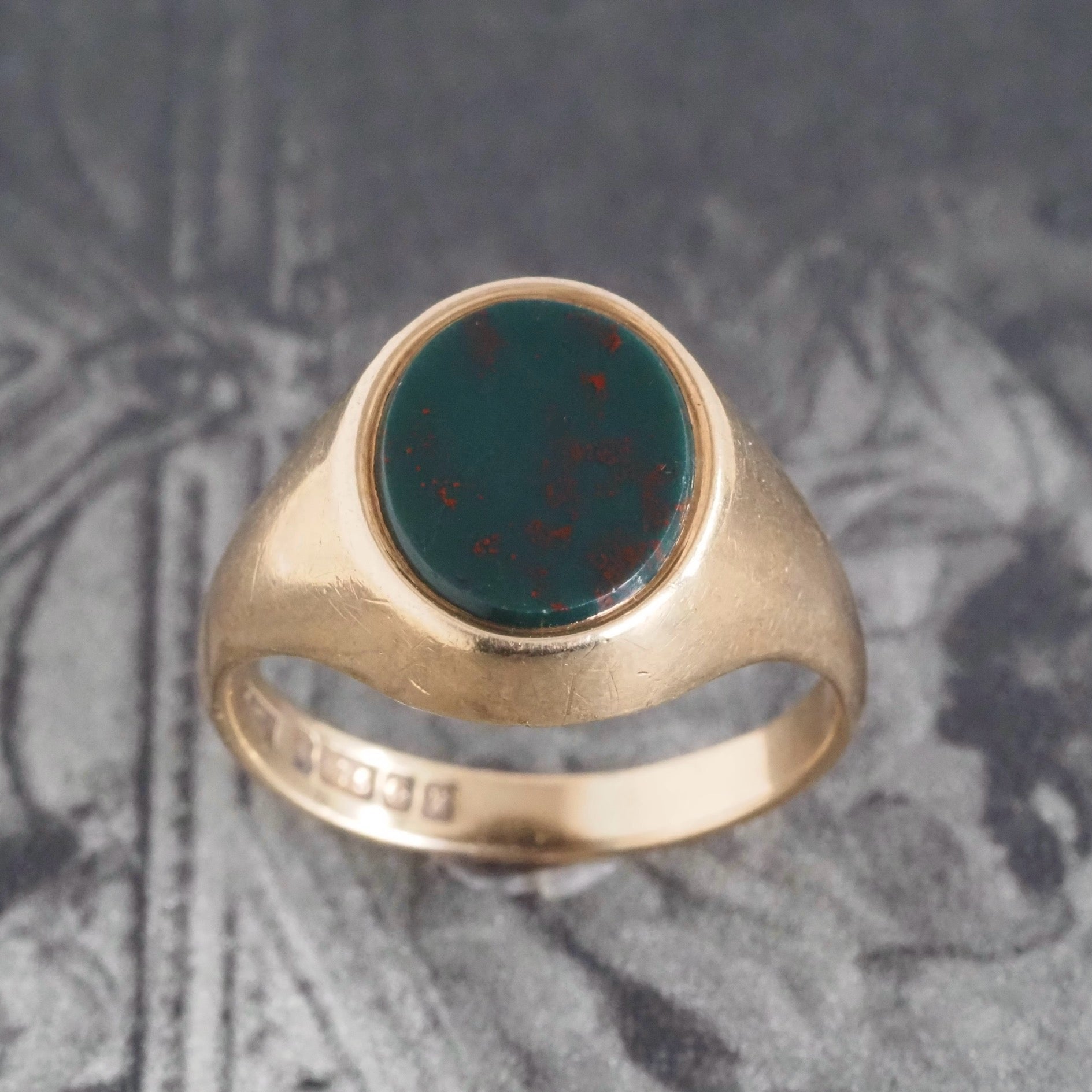 Vintage English Bloodstone 9k Gold Signet Ring