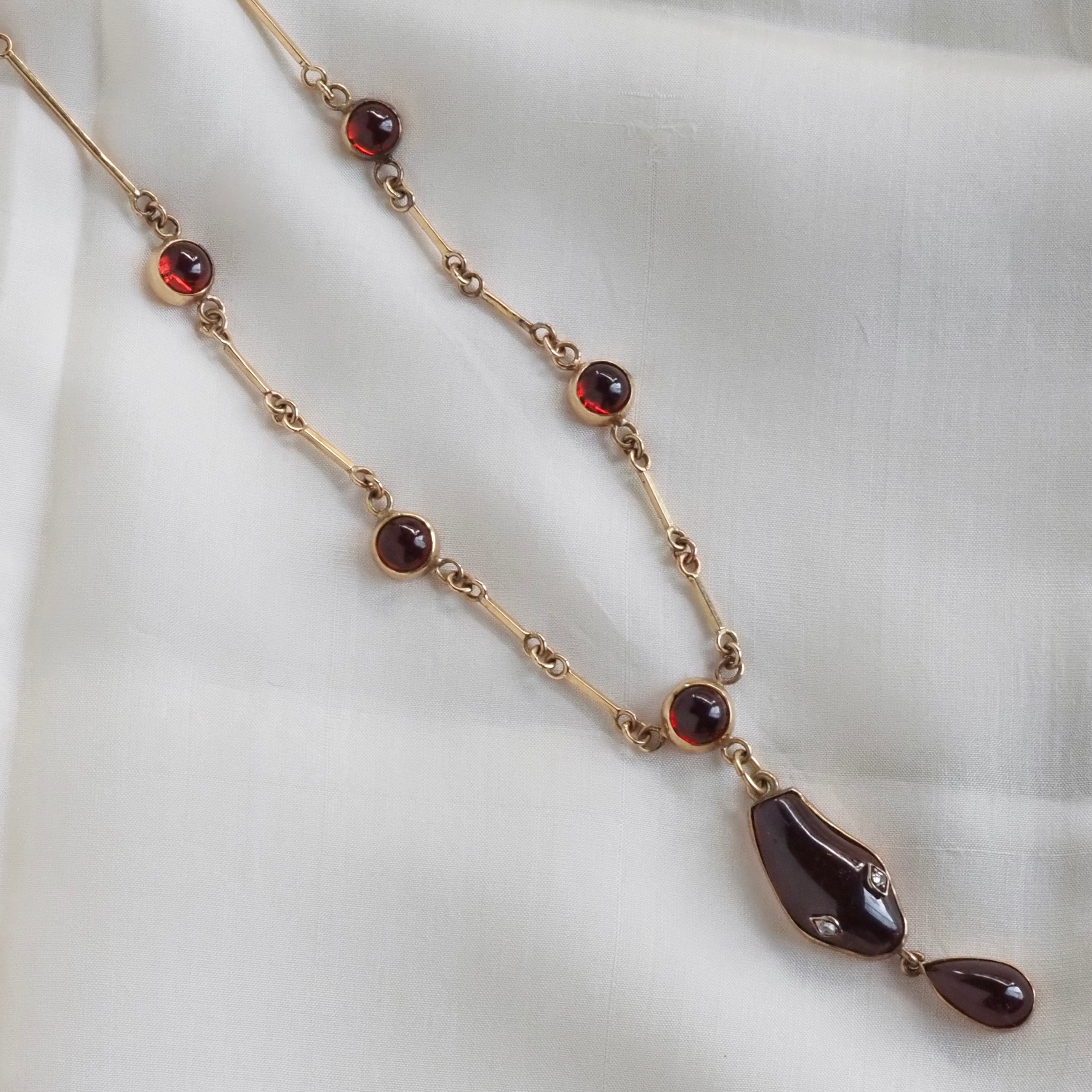 Antique Garnet Snake with Rose Cut Diamond Eyes 14k Gold Necklace