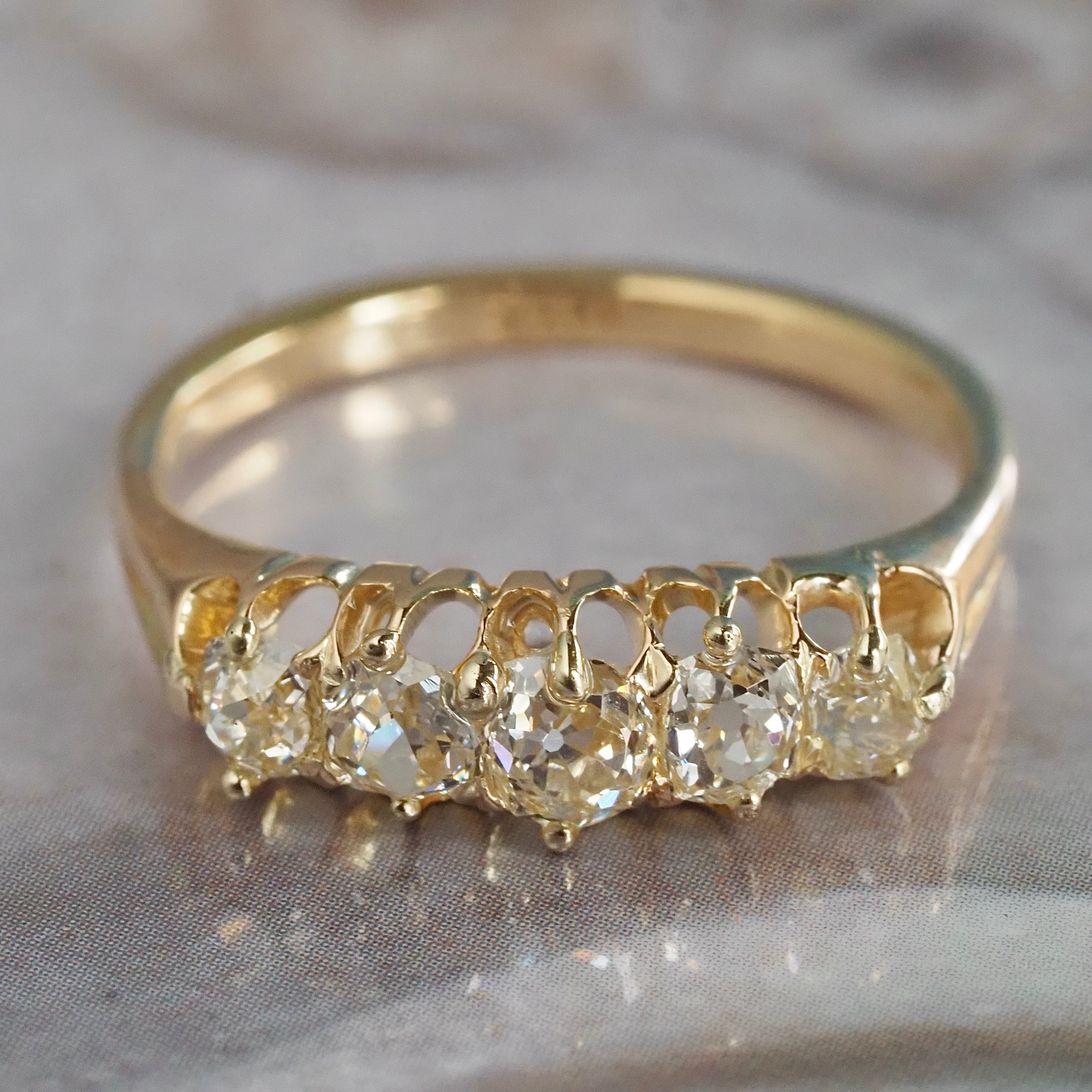 Antique English Five Stone Old Mine Cut Diamond 18k Gold Ring