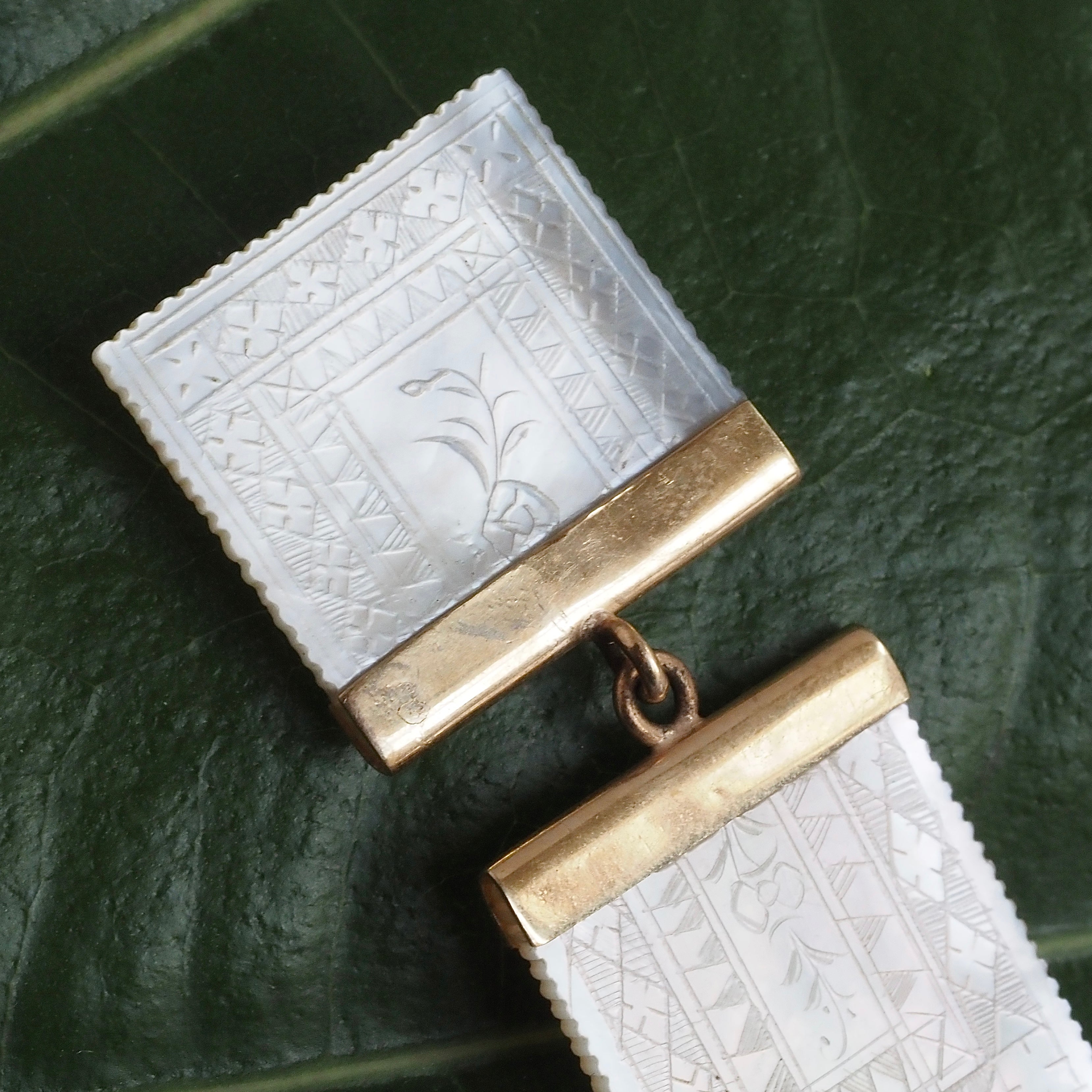 Antique Chinese Mother of Pearl Gambling Chip 14k Gold Earrings