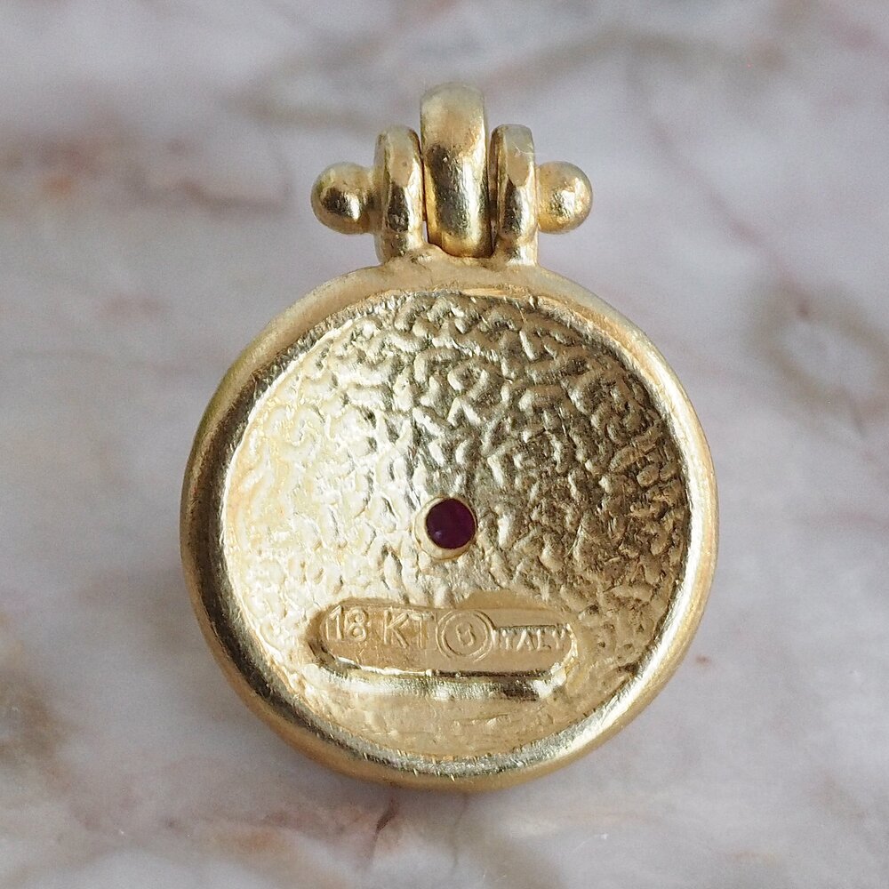Vintage Italian 18k Gold Etruscan Style Ruby Pendant
