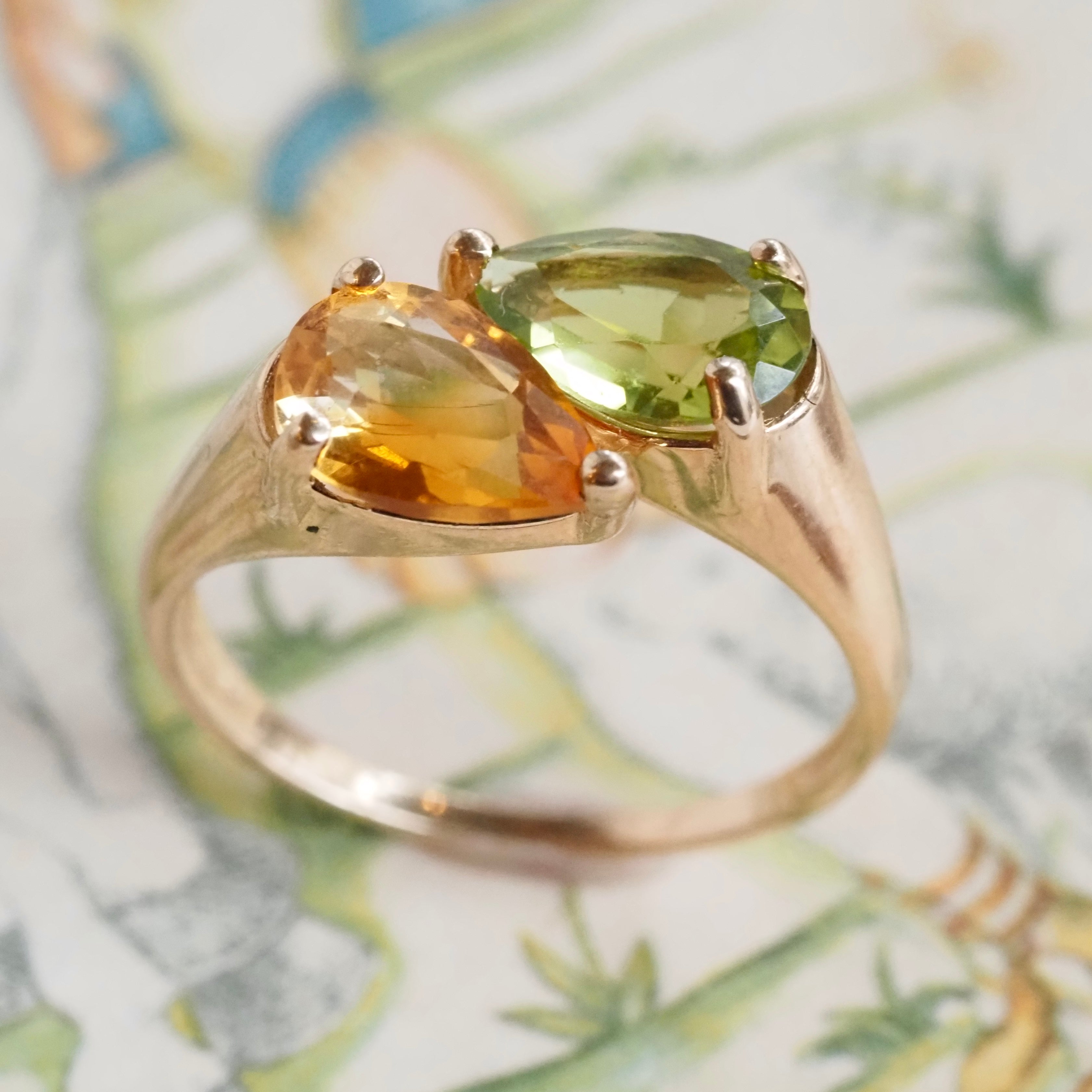 Vintage Pear Shaped Peridot and Citrine 14k Gold Ring
