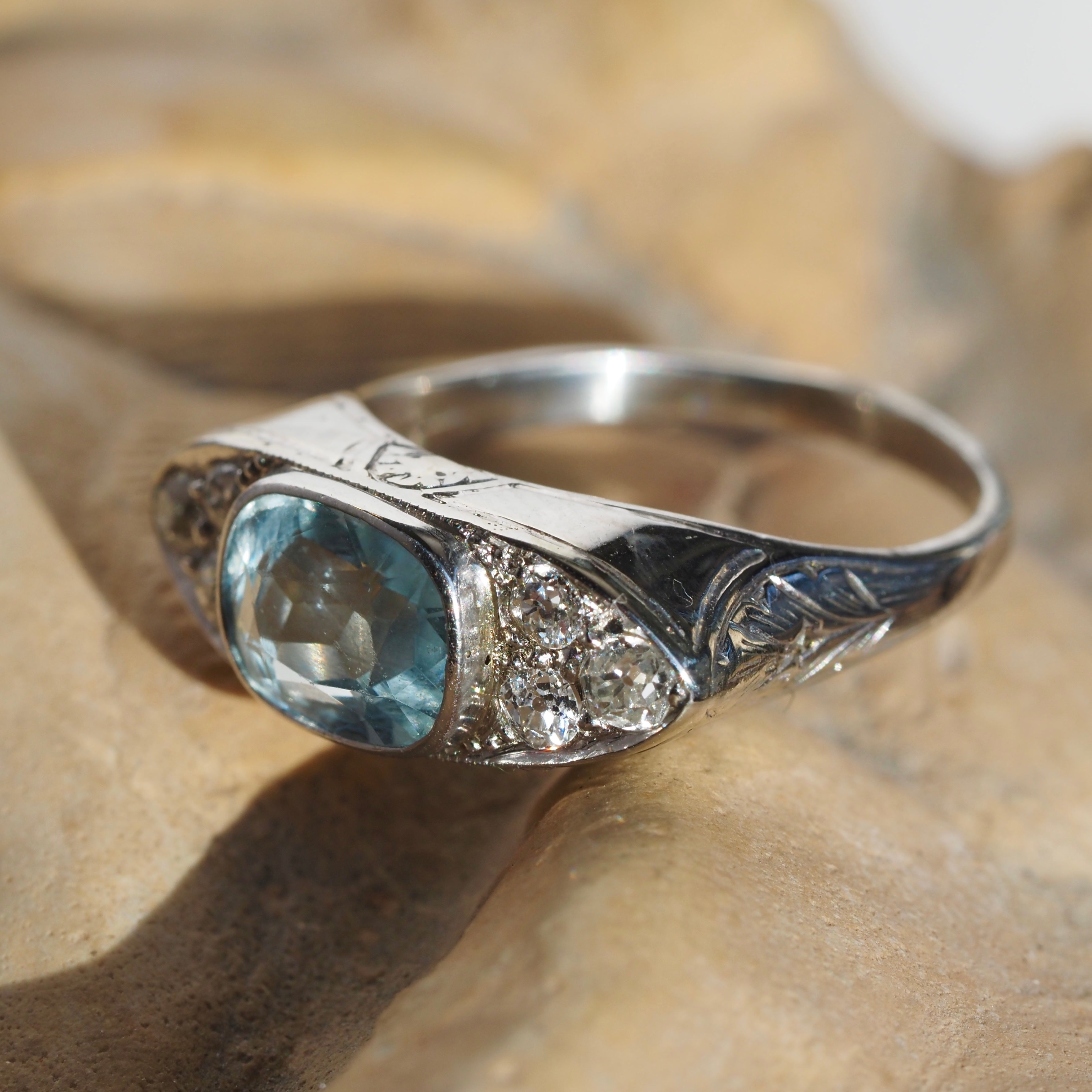 Art Deco Aquamarine Old Mine Cut Diamond Palladium Eye Ring