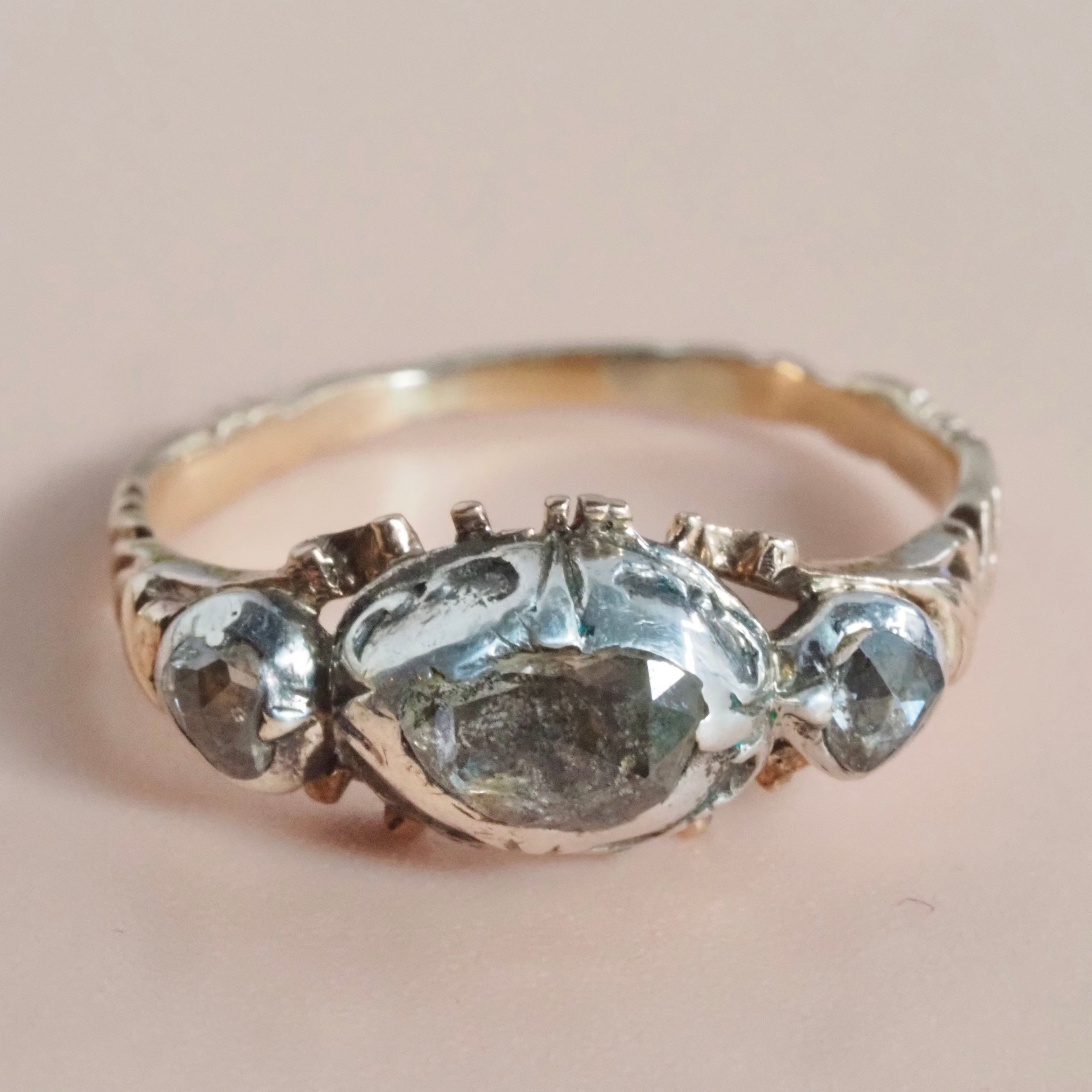 Antique Mid 18th Century Georgian Foil Back Rose Cut Diamond 14k Gold and Sterling Silver Trilogy Ring