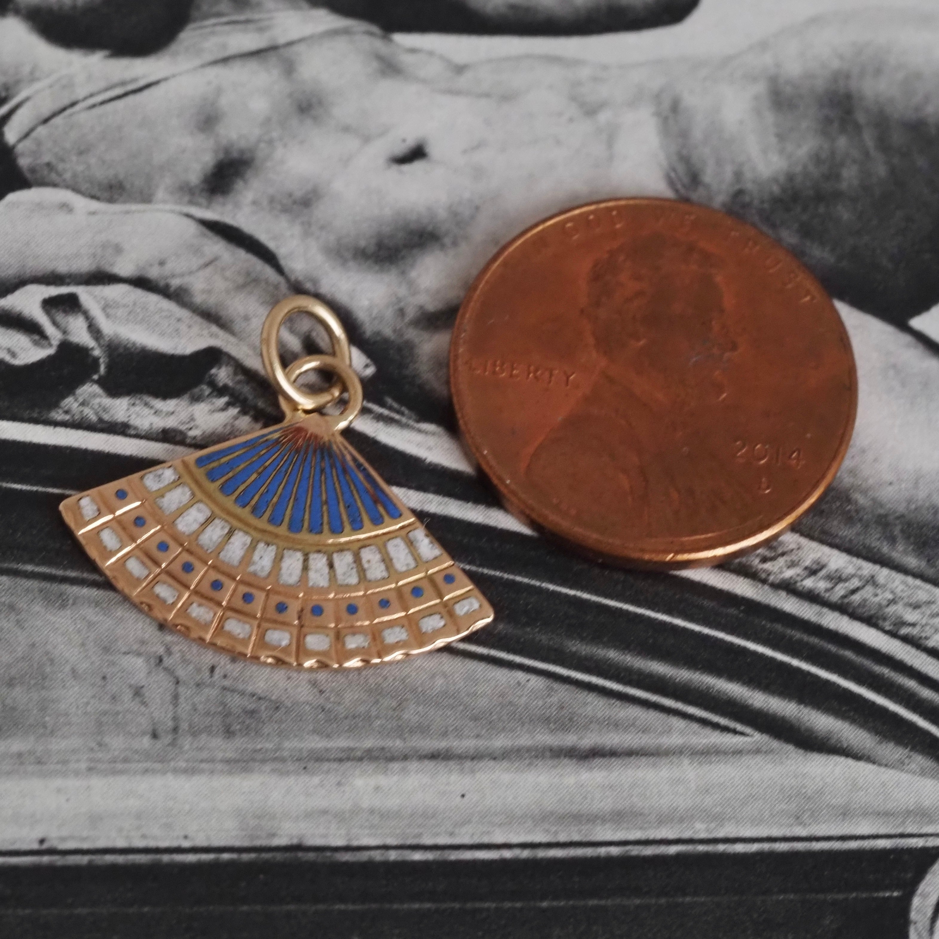 Vintage 14k Gold Blue & White Enamel Fan Charm