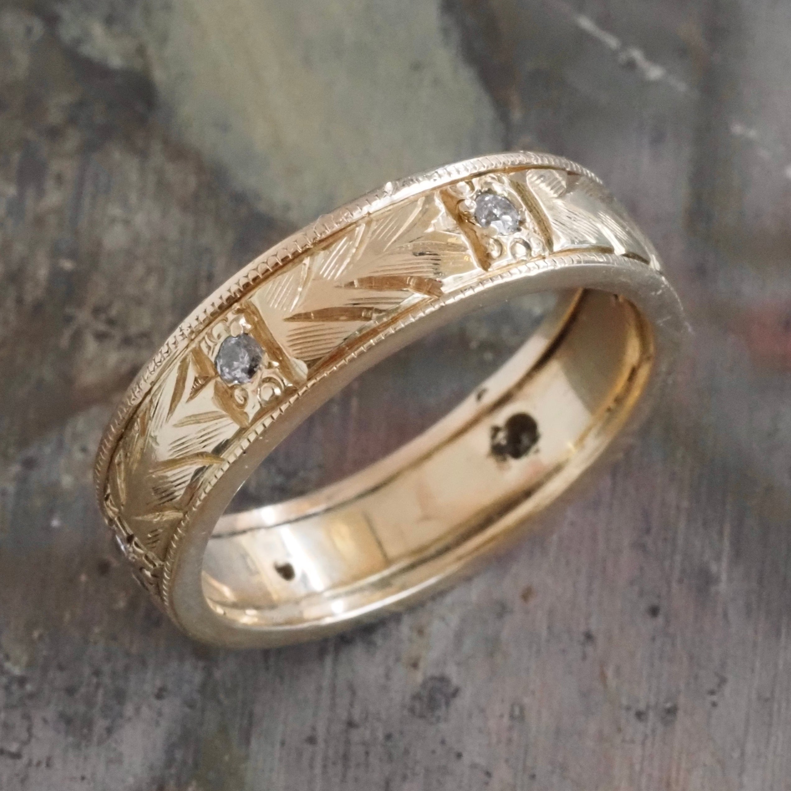 Vintage Diamond 14k Gold Engraved Band