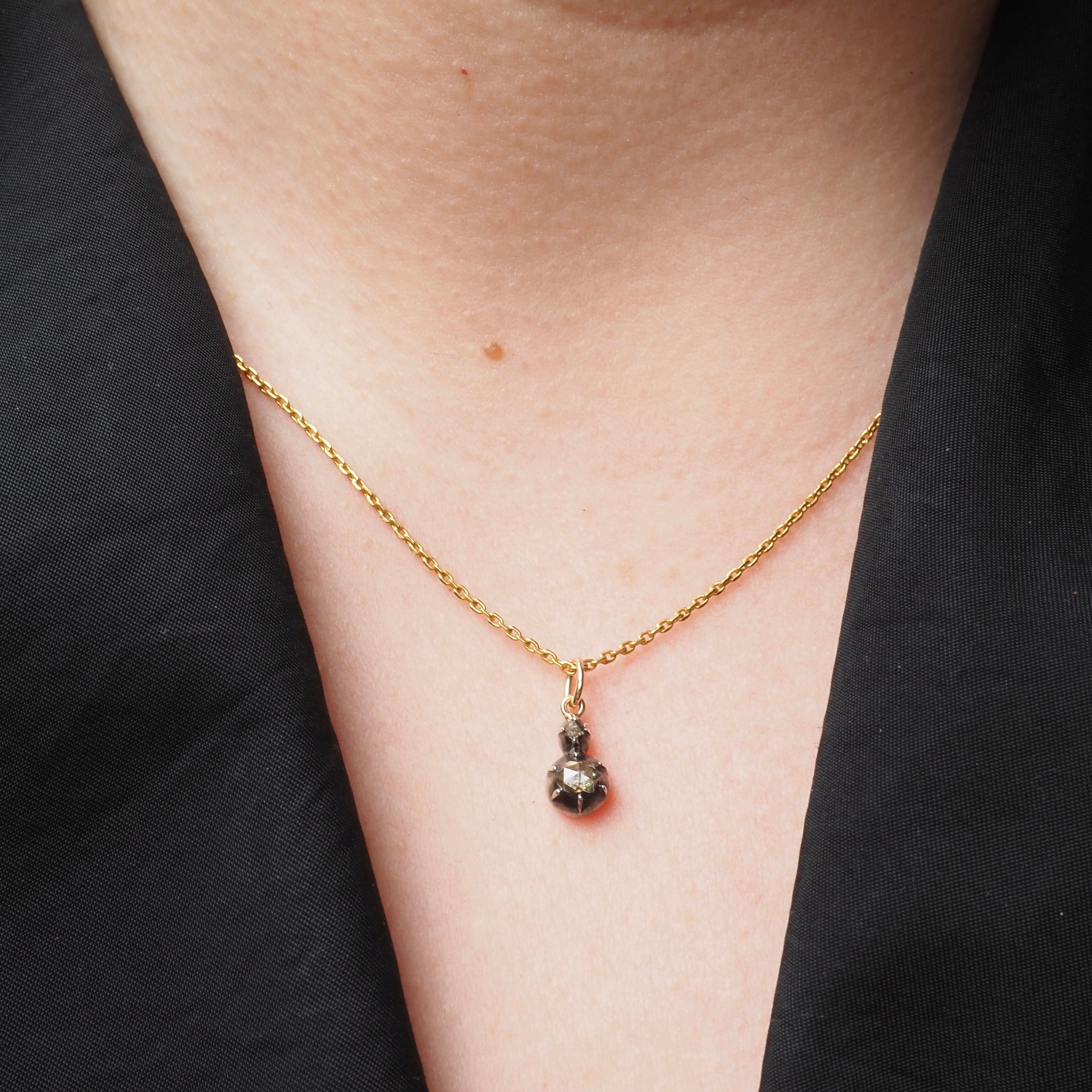 Antique Early 1800s Rose Cut Diamond 14k Gold and Silver Pendant