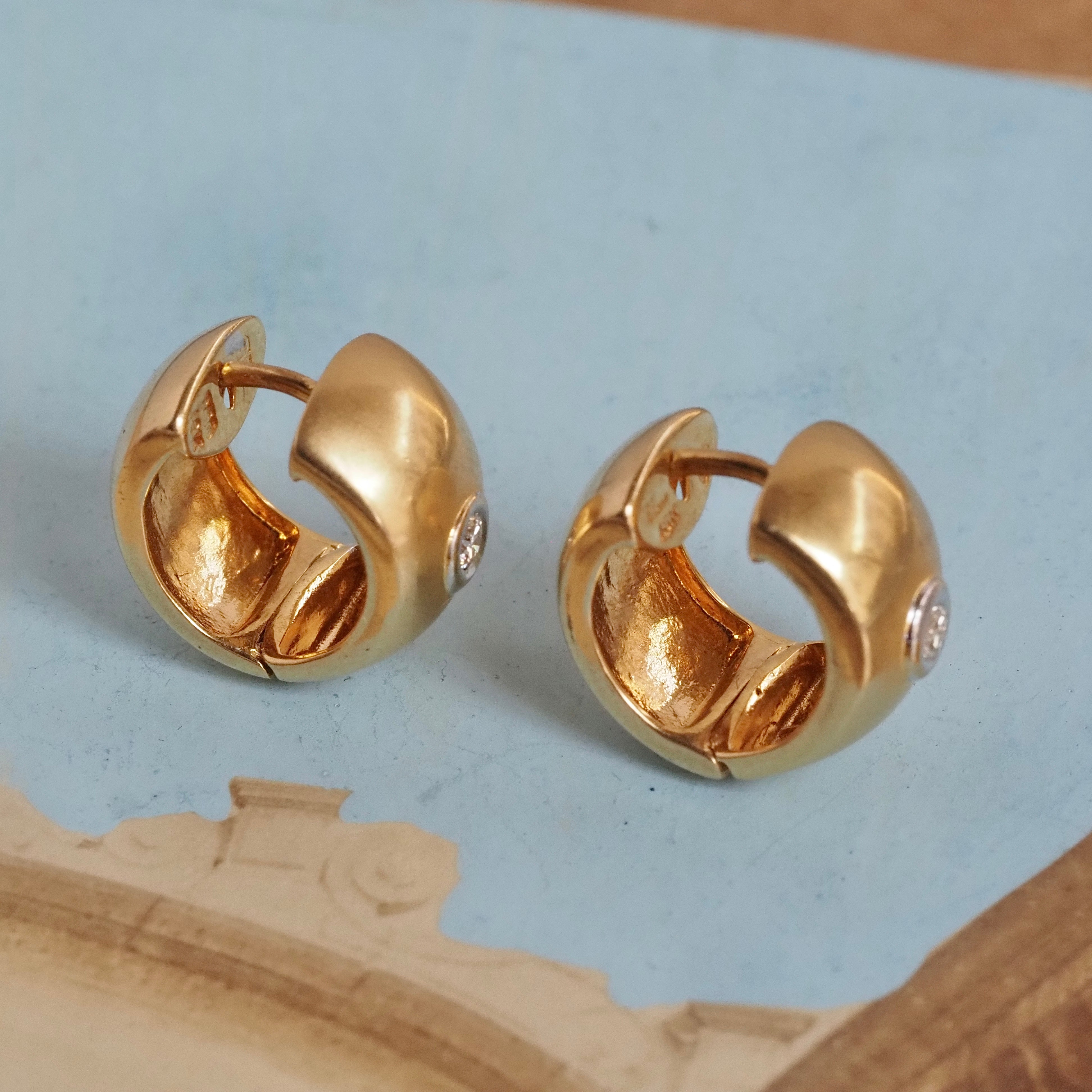 Vintage 18k Gold Brushed Diamond Hinged Huggie Hoops