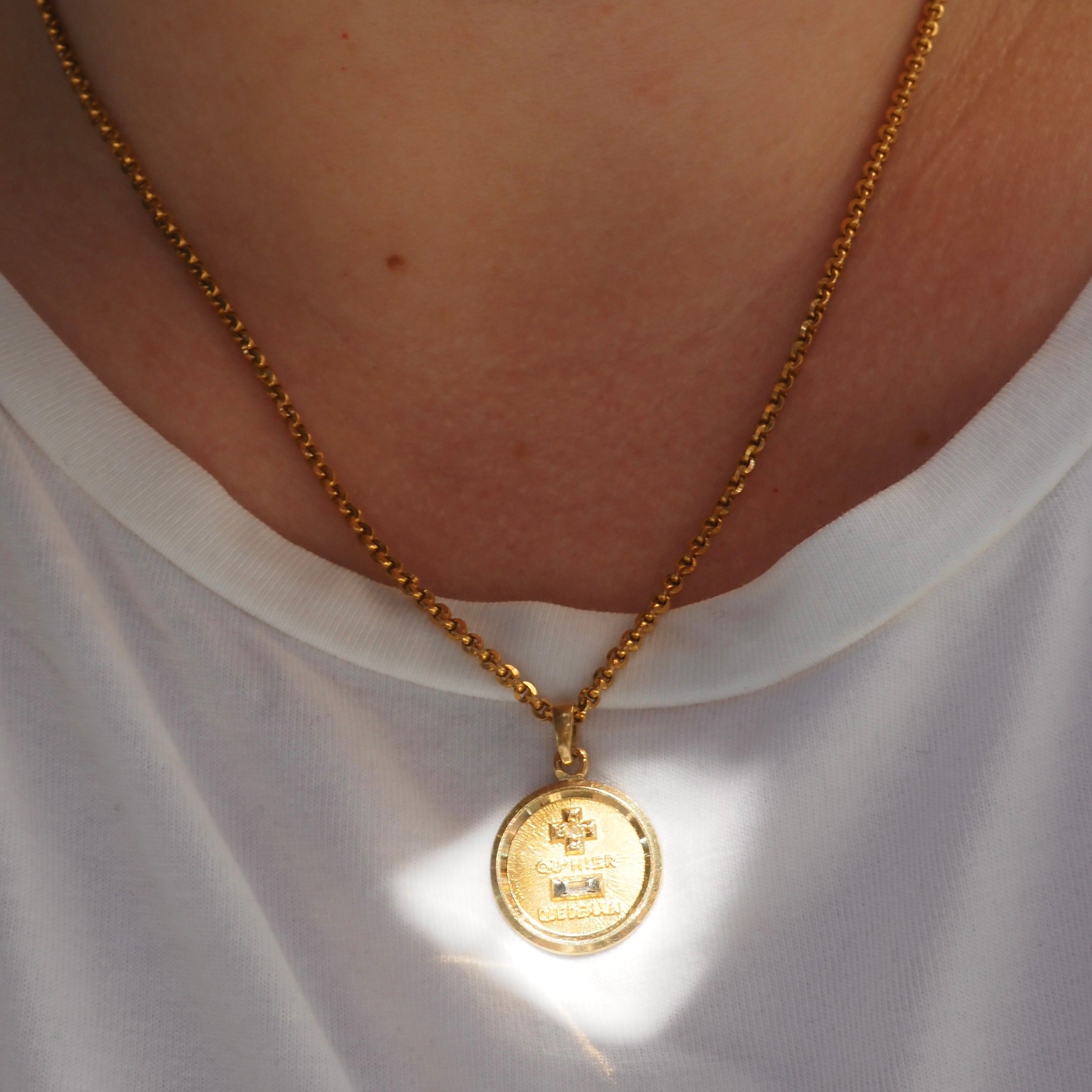 Vintage French 18k Gold Augis Love Charm Pendant with Rose Cut & Baguette Diamond