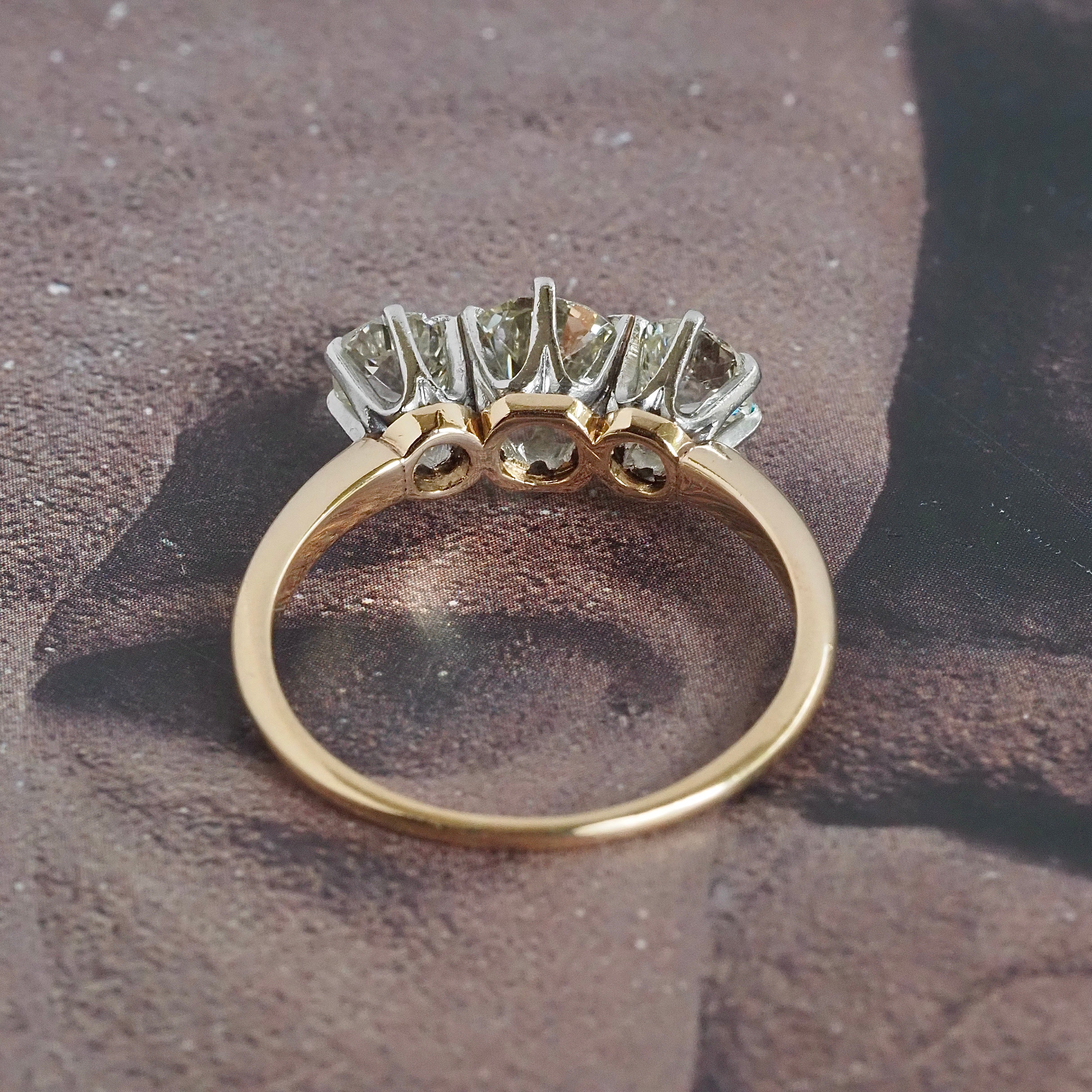 Vintage Old European & Old Mine Cut 1.59ctw Diamond Trilogy Platinum 14k Gold Engagement Ring