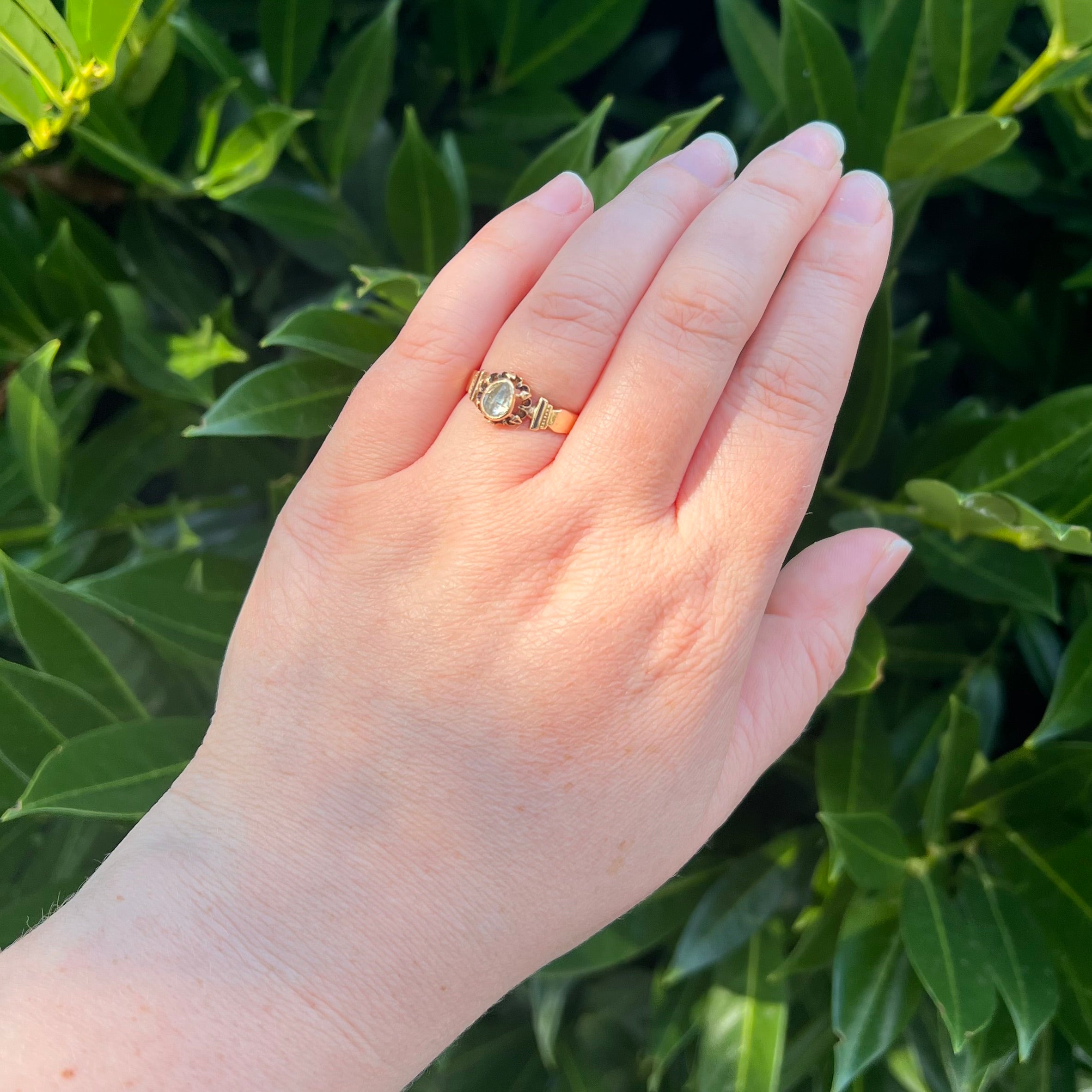 Antique Victorian Foil Backed Pear Rose Cut Diamond Black Enamel 14k Gold Ring