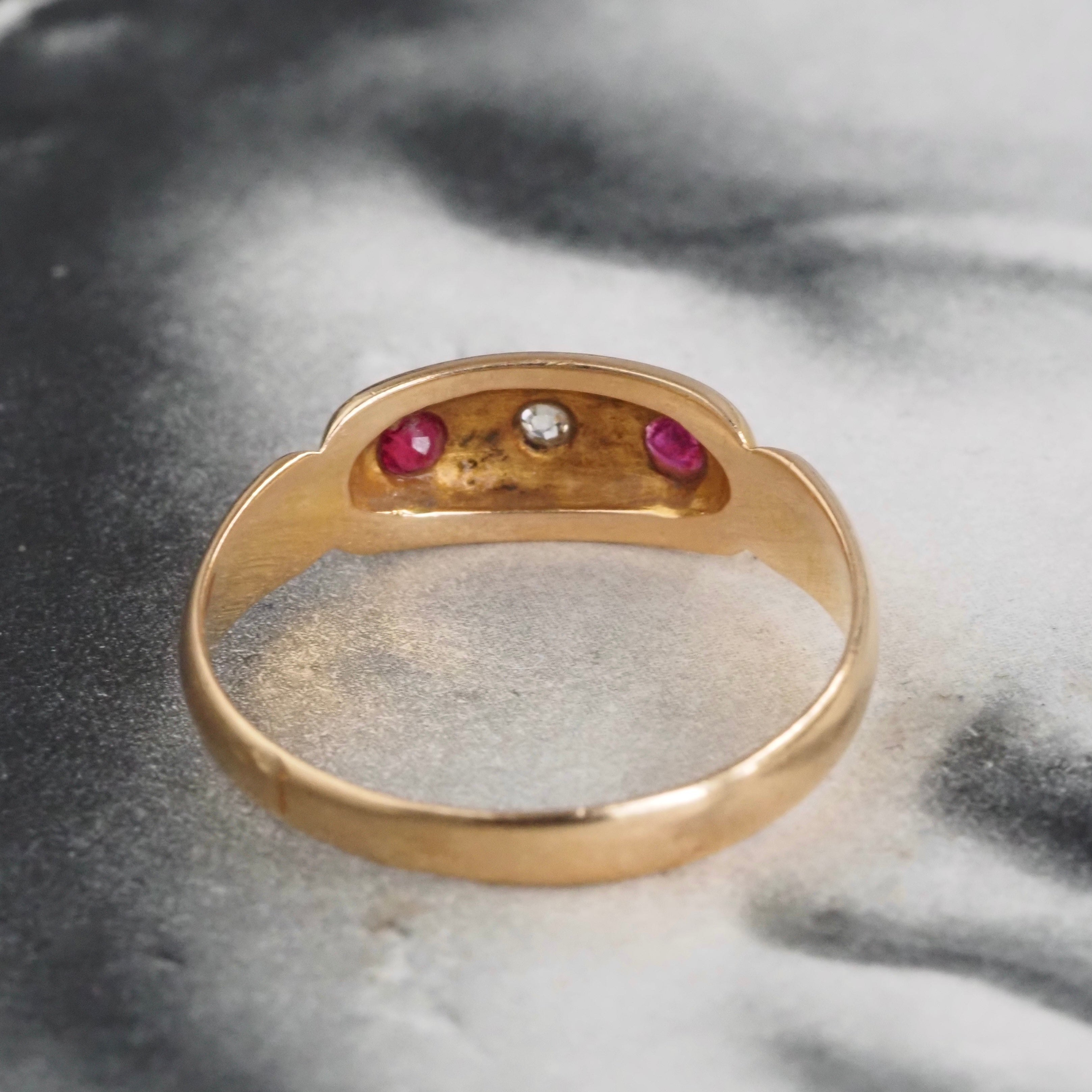 Antique Victorian English c. 1893 Ruby and Old Mine Cut Diamond Starburst 18k Gold Ring