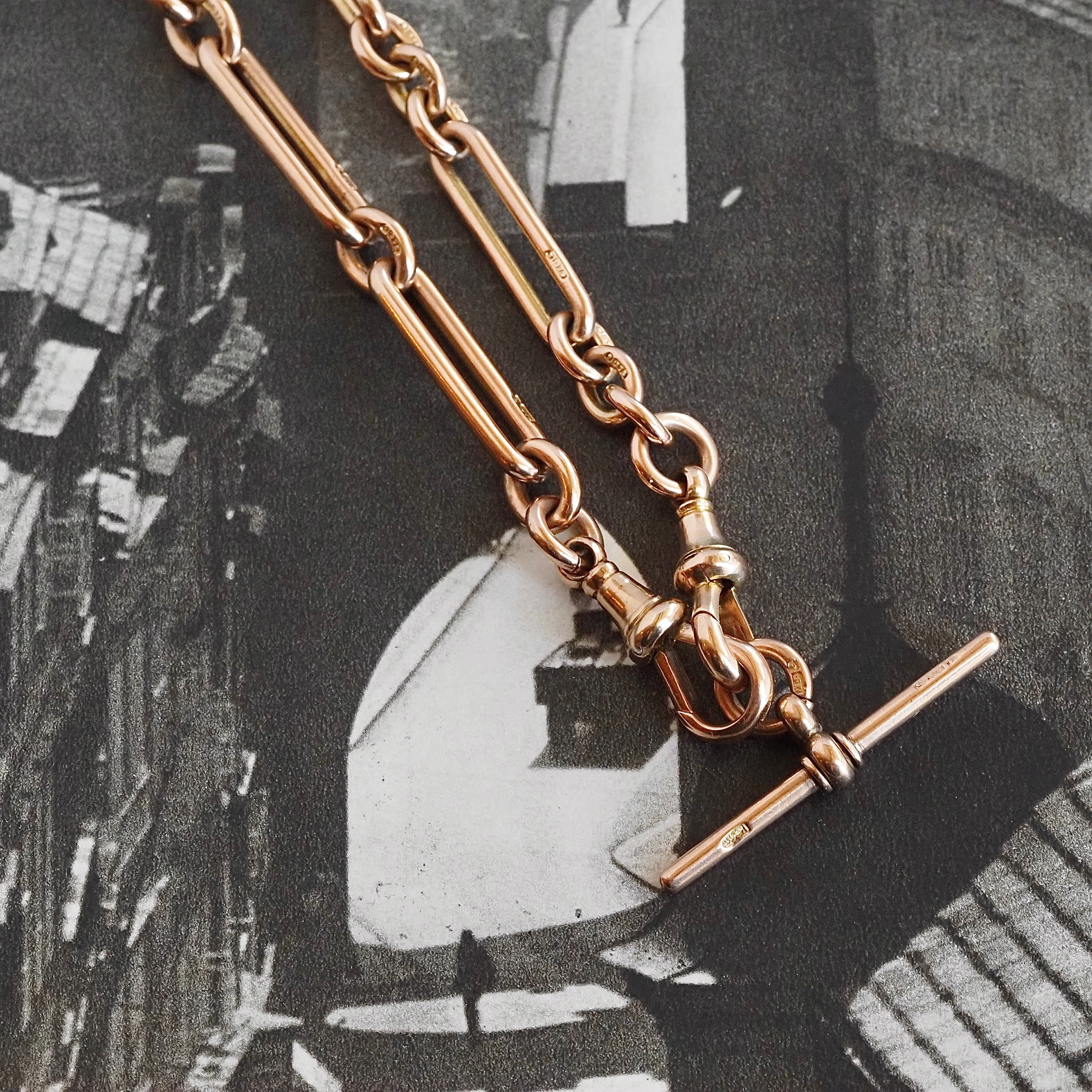Antique c. 1901 English 9k Gold Trombone Link Albert Watch Chain Necklace with T-Bar and Dog Clips
