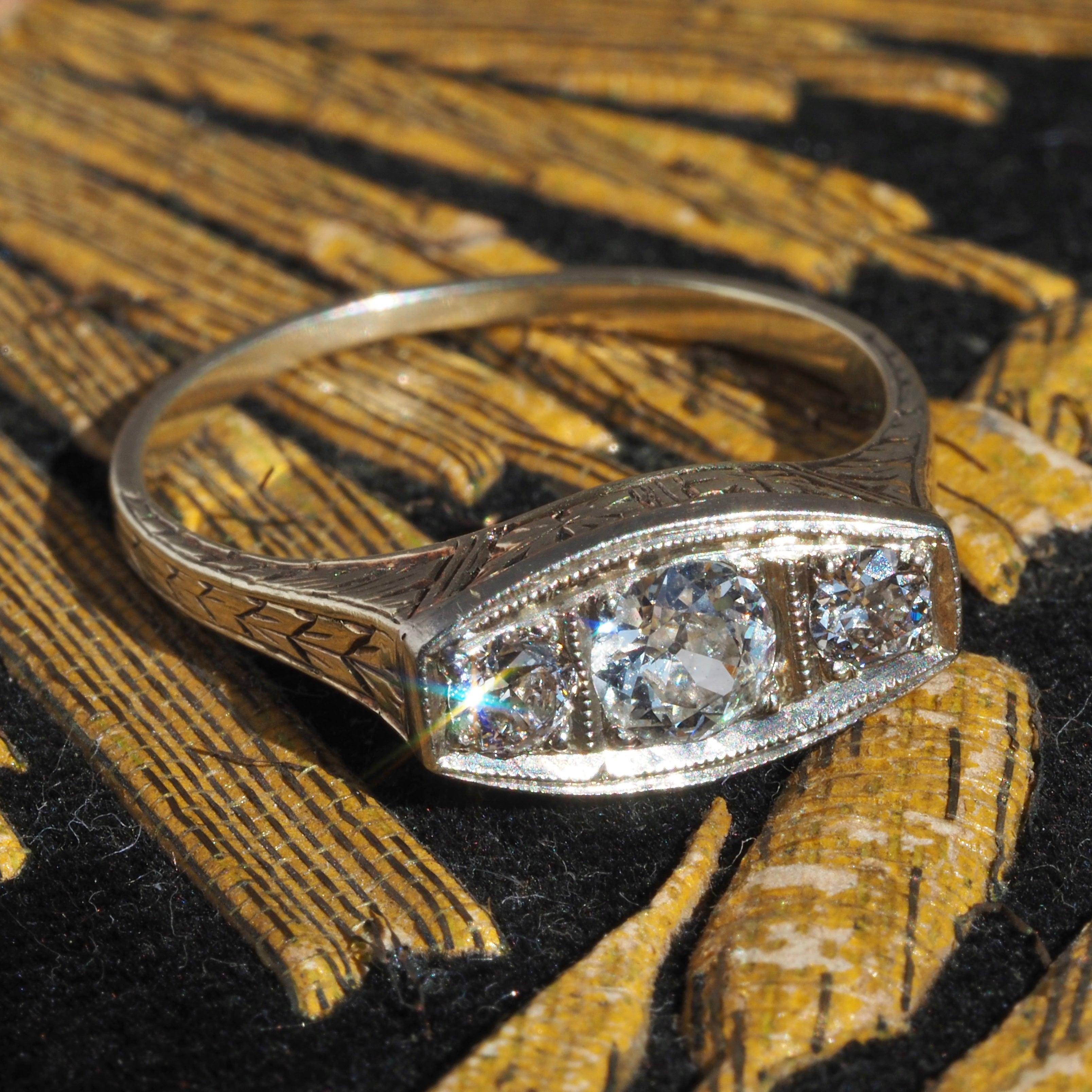 Antique Art Deco Old European Cut Diamond Trilogy 14k Gold Two Tone Engagement Ring