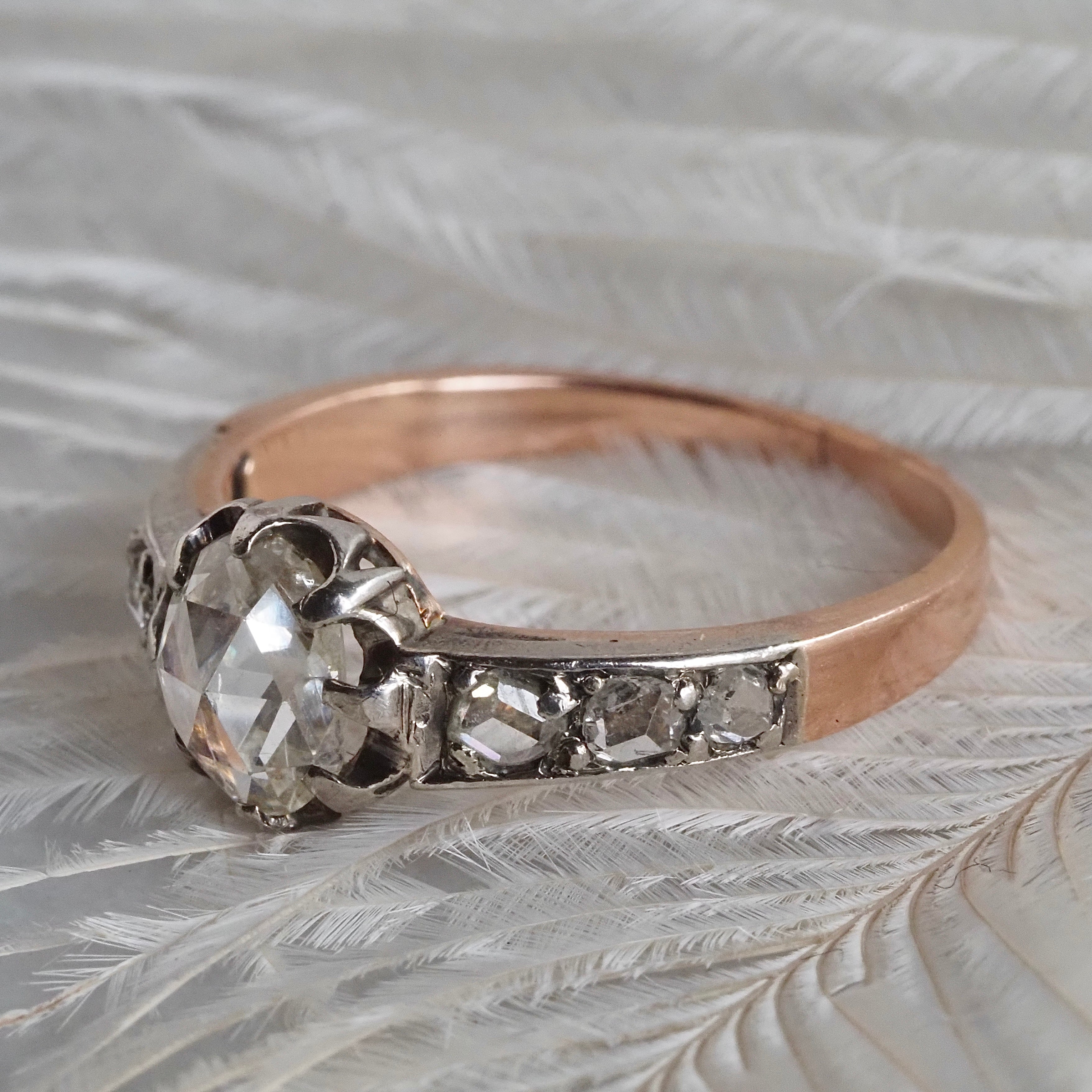 Antique Victorian Rose Cut Diamond 18k Gold and Silver Engagement Ring